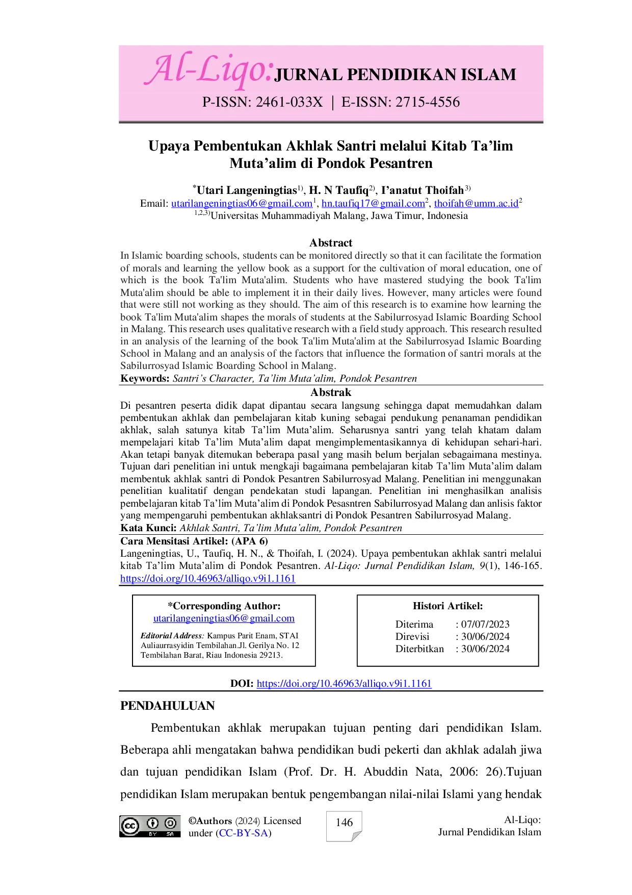 JURIS Upaya Pembentukan Akhlak Santri melalui Kitab Ta lim Muta alim di Pondok Pesantren