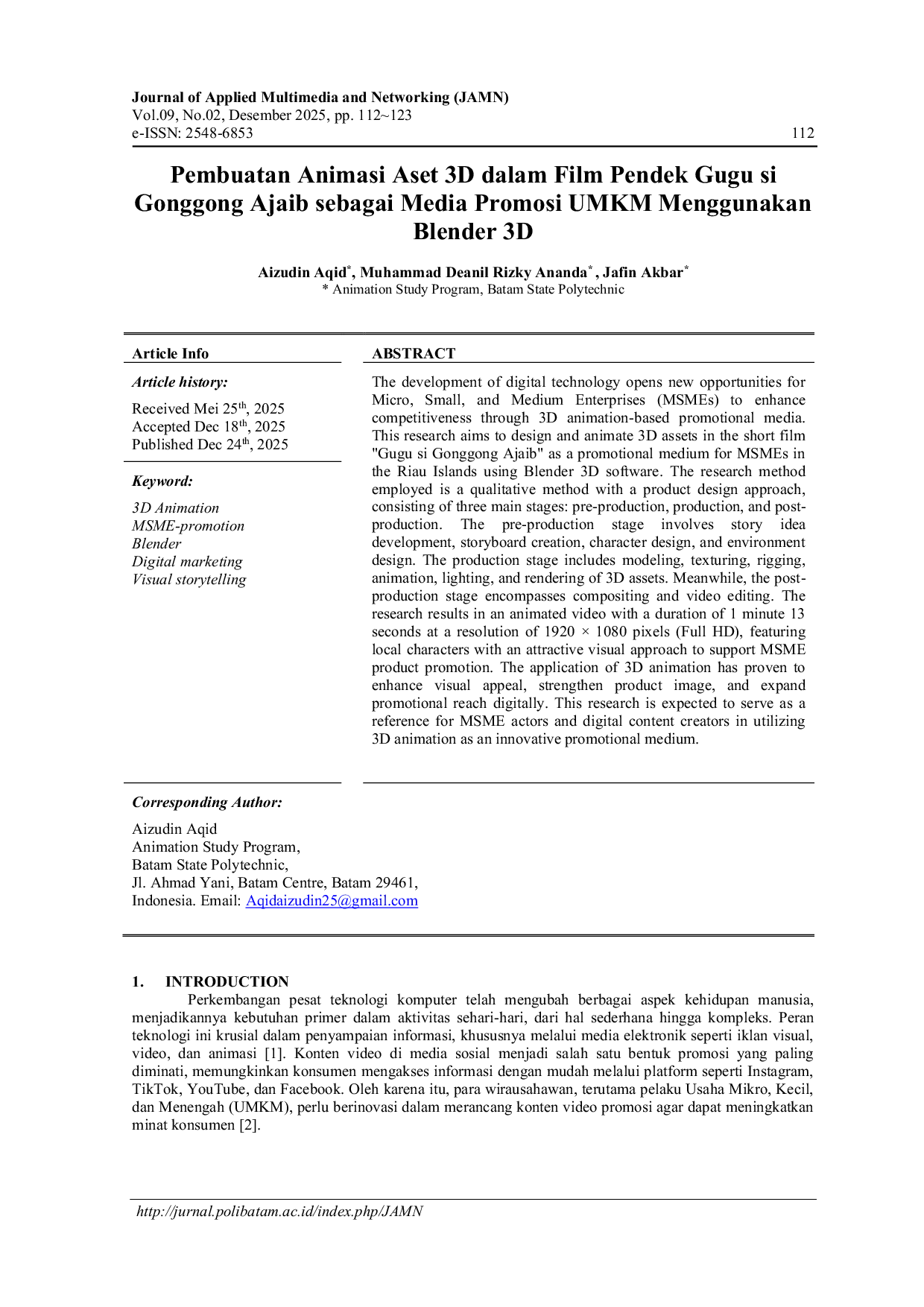 JURIS 3D Asset Animation Creation in the Short Film Gugu the Magical Gonggong as a Promotional Media for SMEs Using Blender 3D