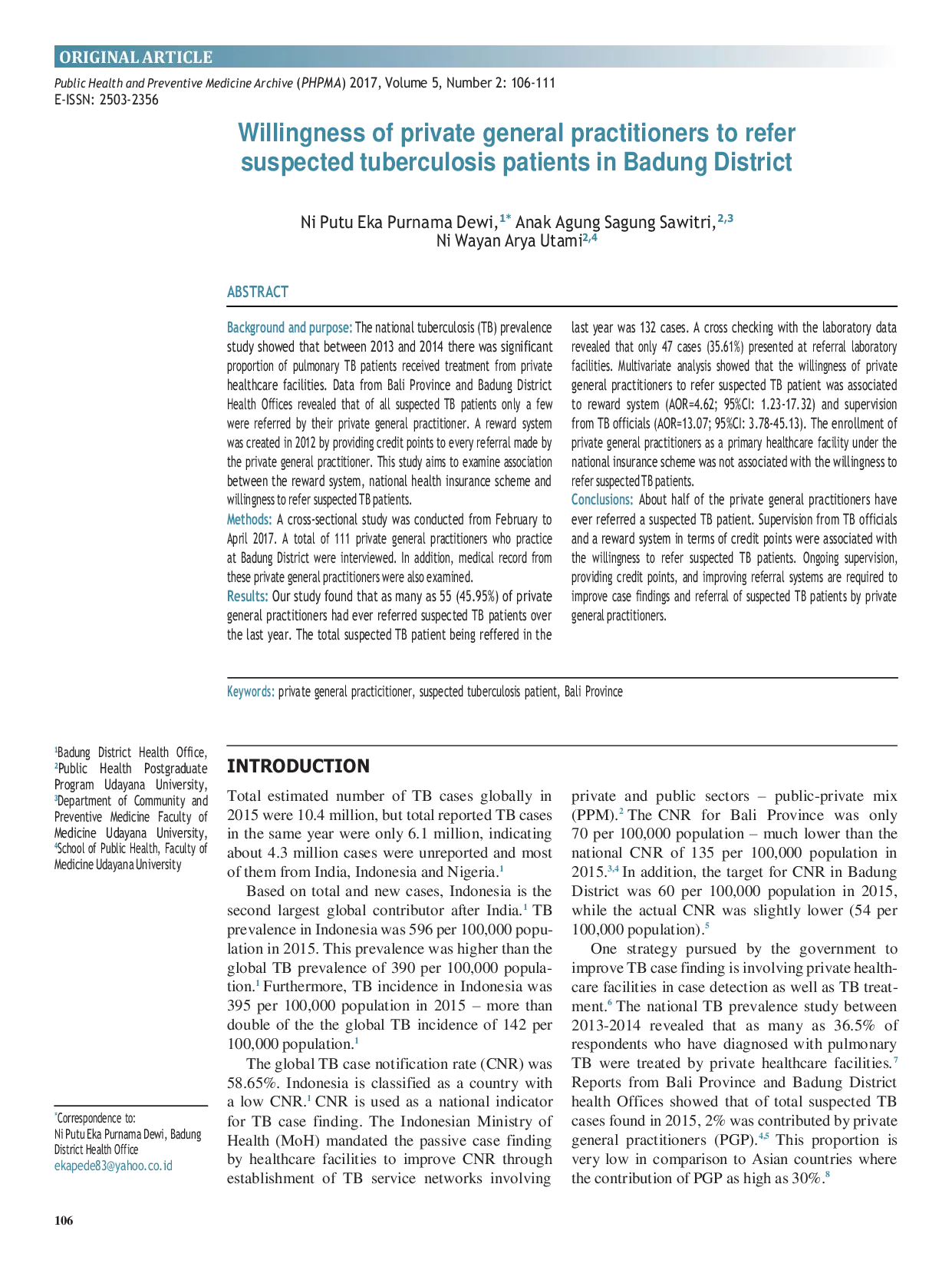 JURIS Willingness of private general practitioners to refer suspected tuberculosis patients in Badung District