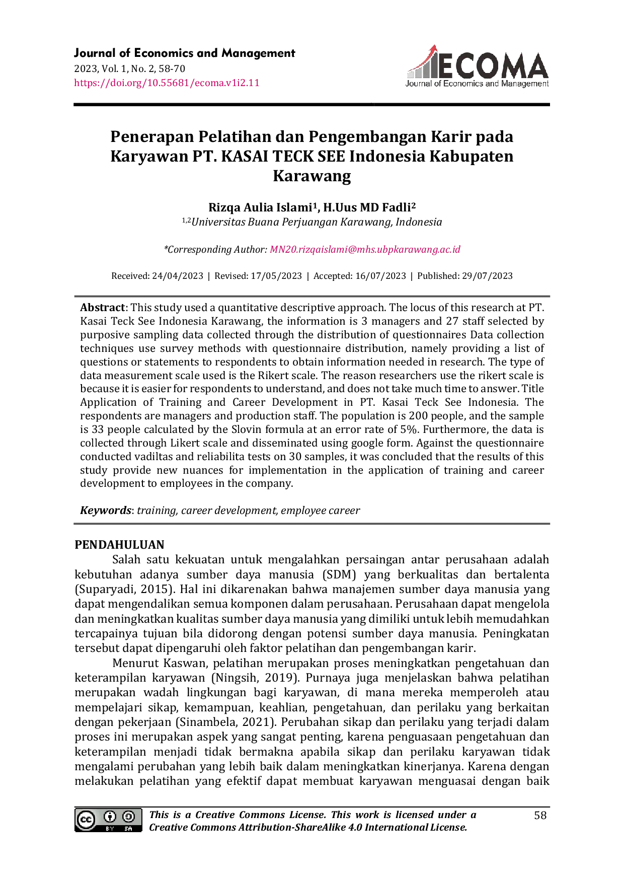 JURIS Penerapan Pelatihan dan Pengembangan Karir pada Karyawan PT KASAI TECK SEE Indonesia Kabupaten Karawang