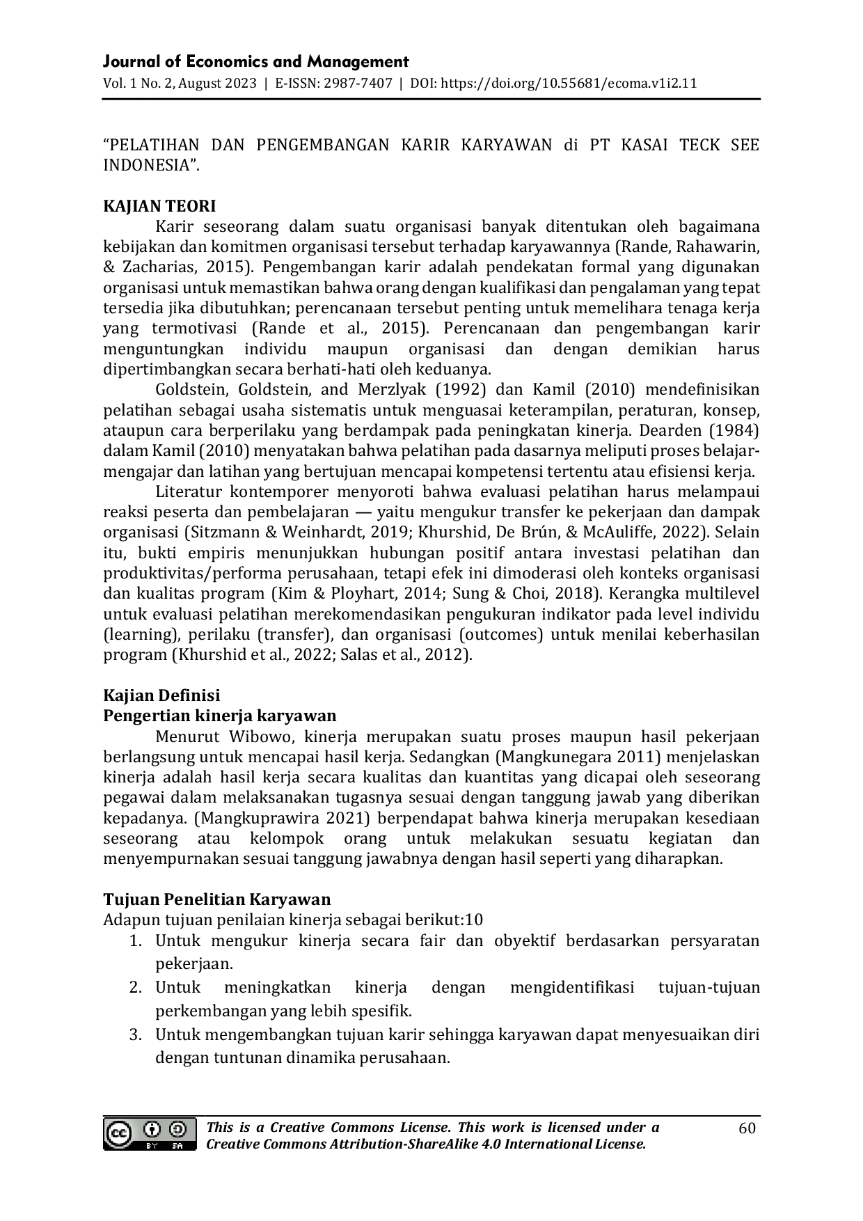 JURIS Penerapan Pelatihan dan Pengembangan Karir pada Karyawan PT KASAI TECK SEE Indonesia Kabupaten Karawang