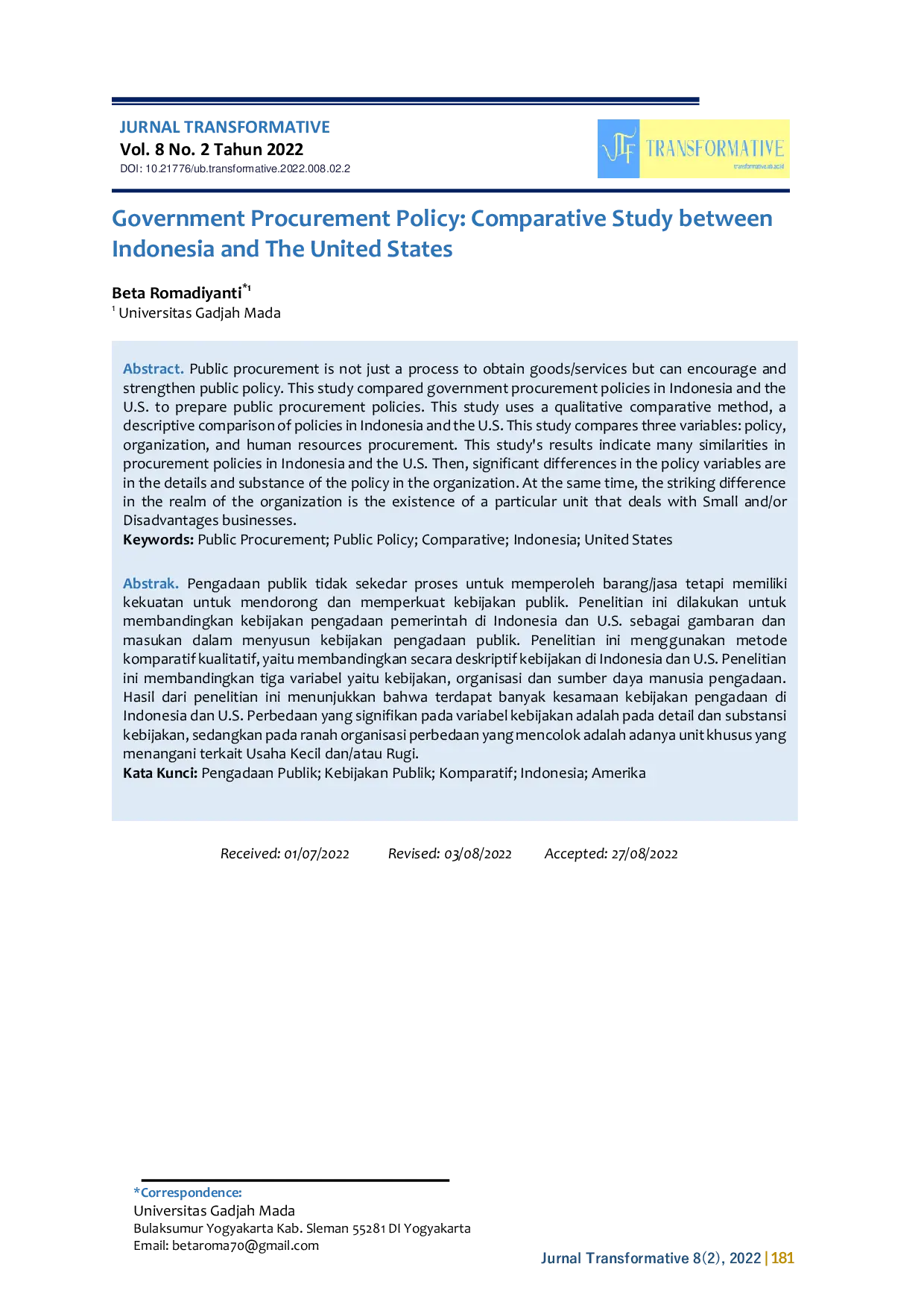 JURIS Government Procurement Policy Comparative Study between Indonesia and The United States