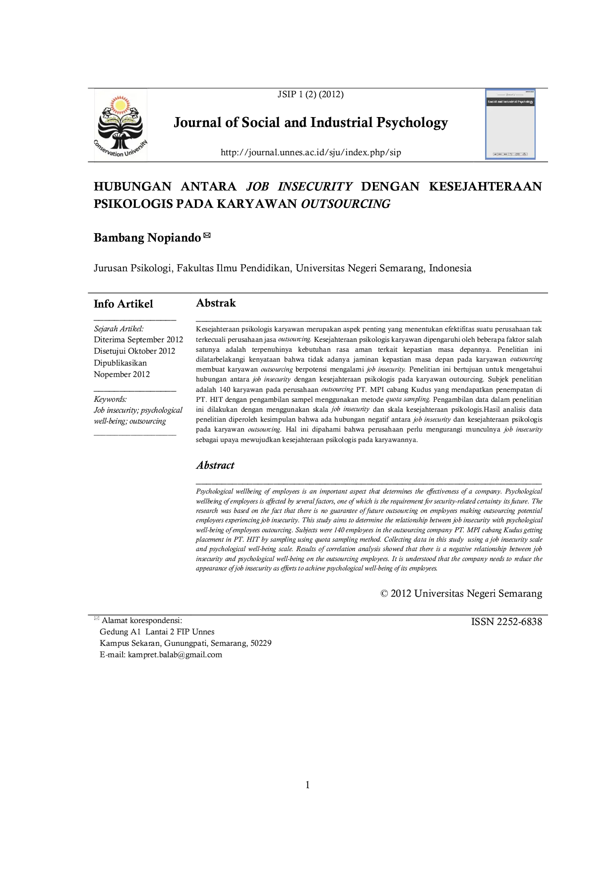 JURIS Hubungan Antara Job Insecurity Dengan Kesejahteraan Psikologis Pada Karyawan Outsourcing