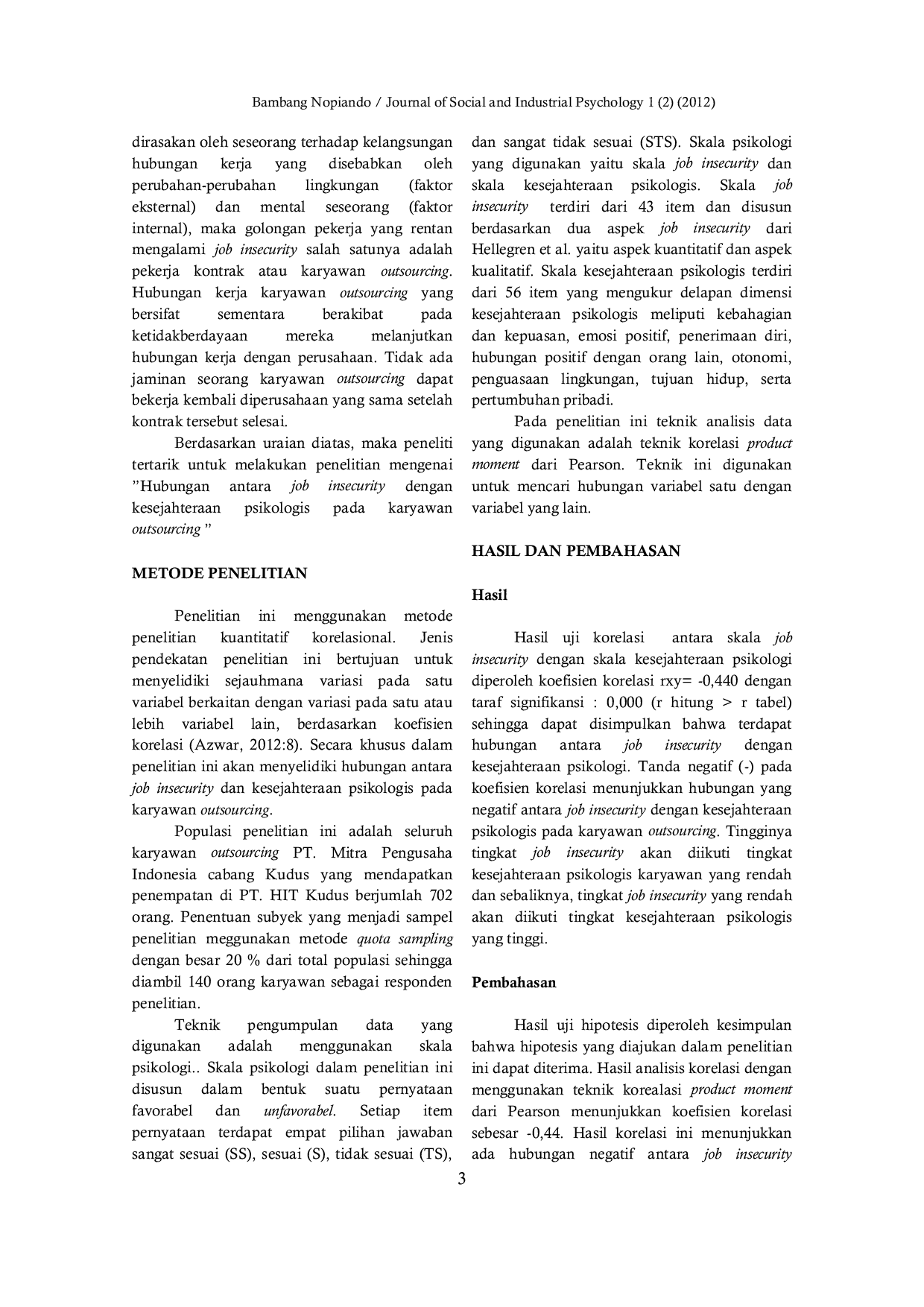 JURIS Hubungan Antara Job Insecurity Dengan Kesejahteraan Psikologis Pada Karyawan Outsourcing