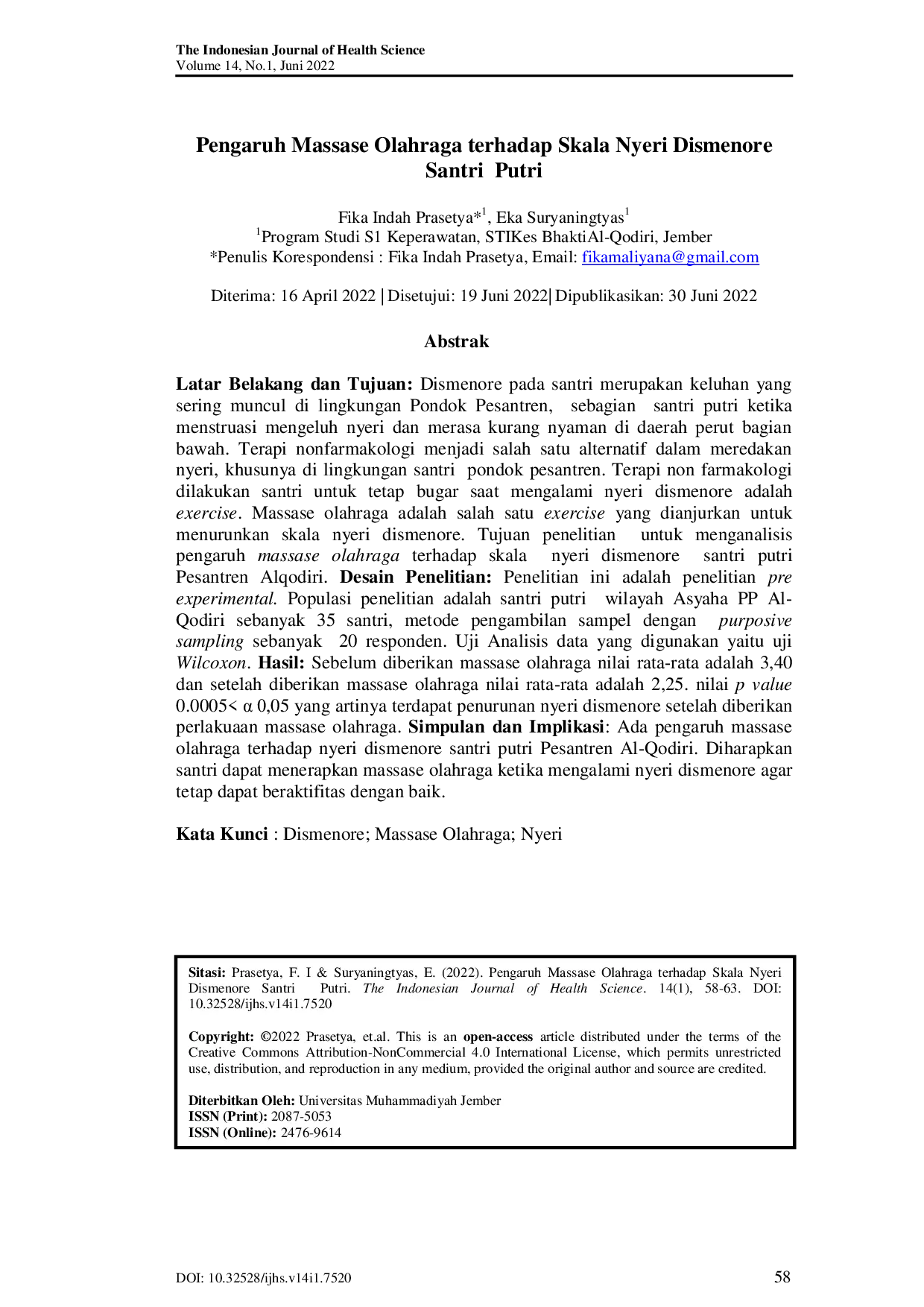 JURIS Pengaruh Massase Olahraga terhadap Skala Nyeri Dismenore Santri Putri