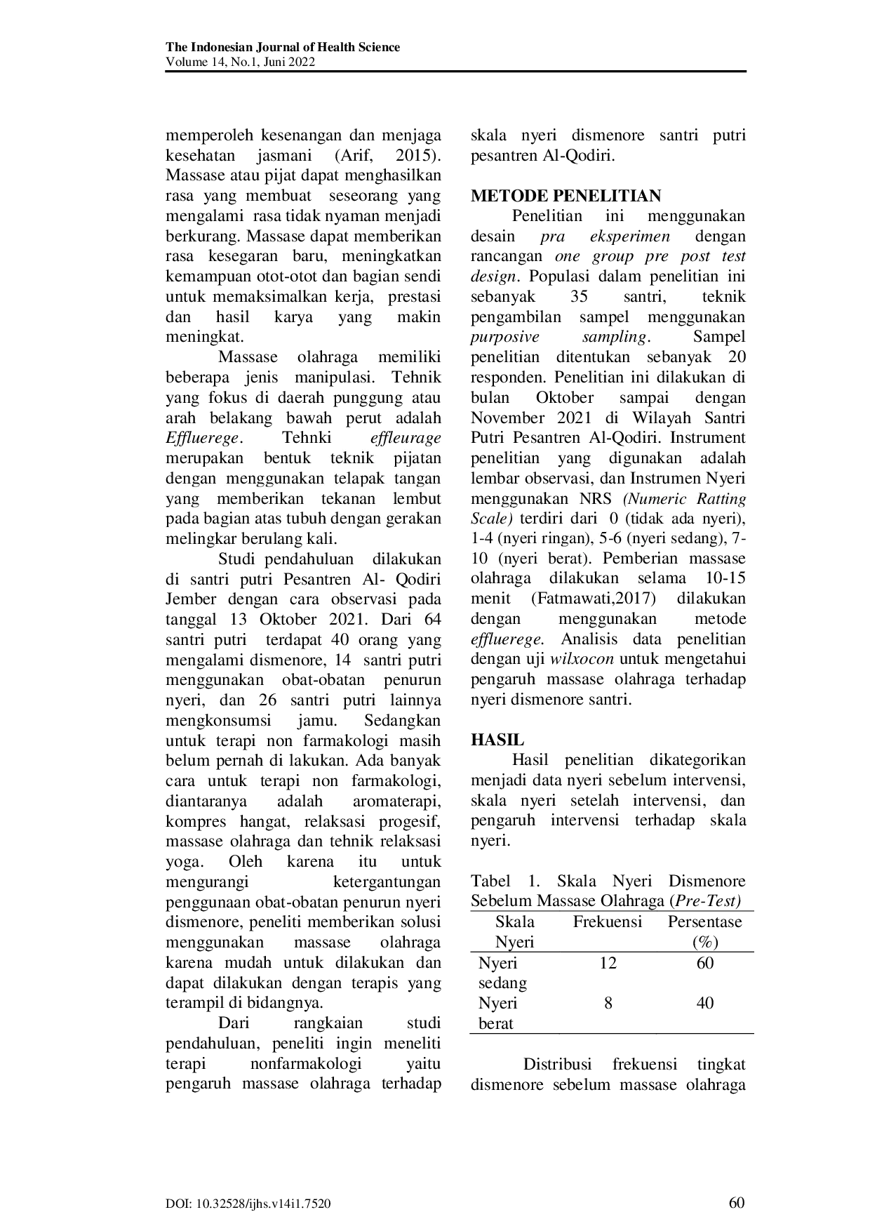 JURIS Pengaruh Massase Olahraga terhadap Skala Nyeri Dismenore Santri Putri