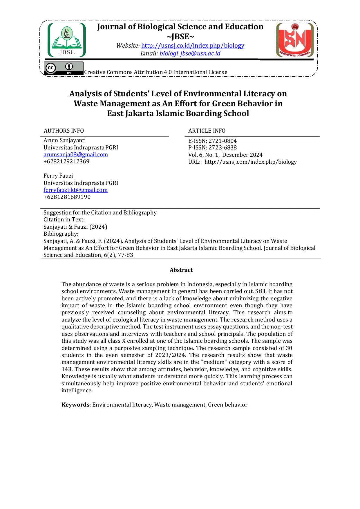 JURIS Analysis of Students Level of Environmental Literacy on Waste Management as An Effort for Green Behavior in East Jakarta Islamic Boarding School