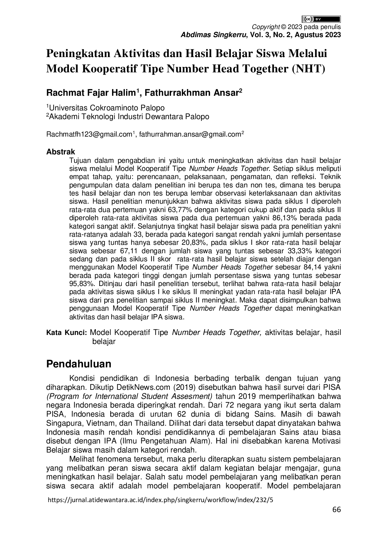 JURIS Peningkatan Aktivitas dan Hasil Belajar Siswa Melalui Model Kooperatif Tipe Number Head Together NHT