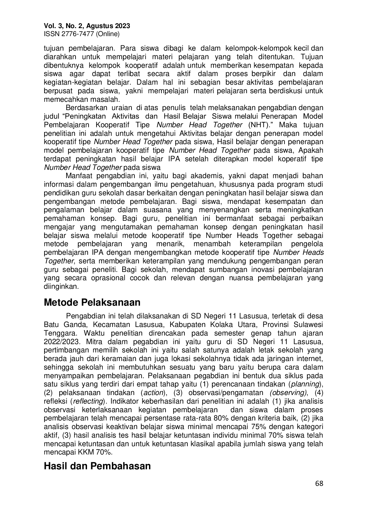 JURIS Peningkatan Aktivitas dan Hasil Belajar Siswa Melalui Model Kooperatif Tipe Number Head Together NHT