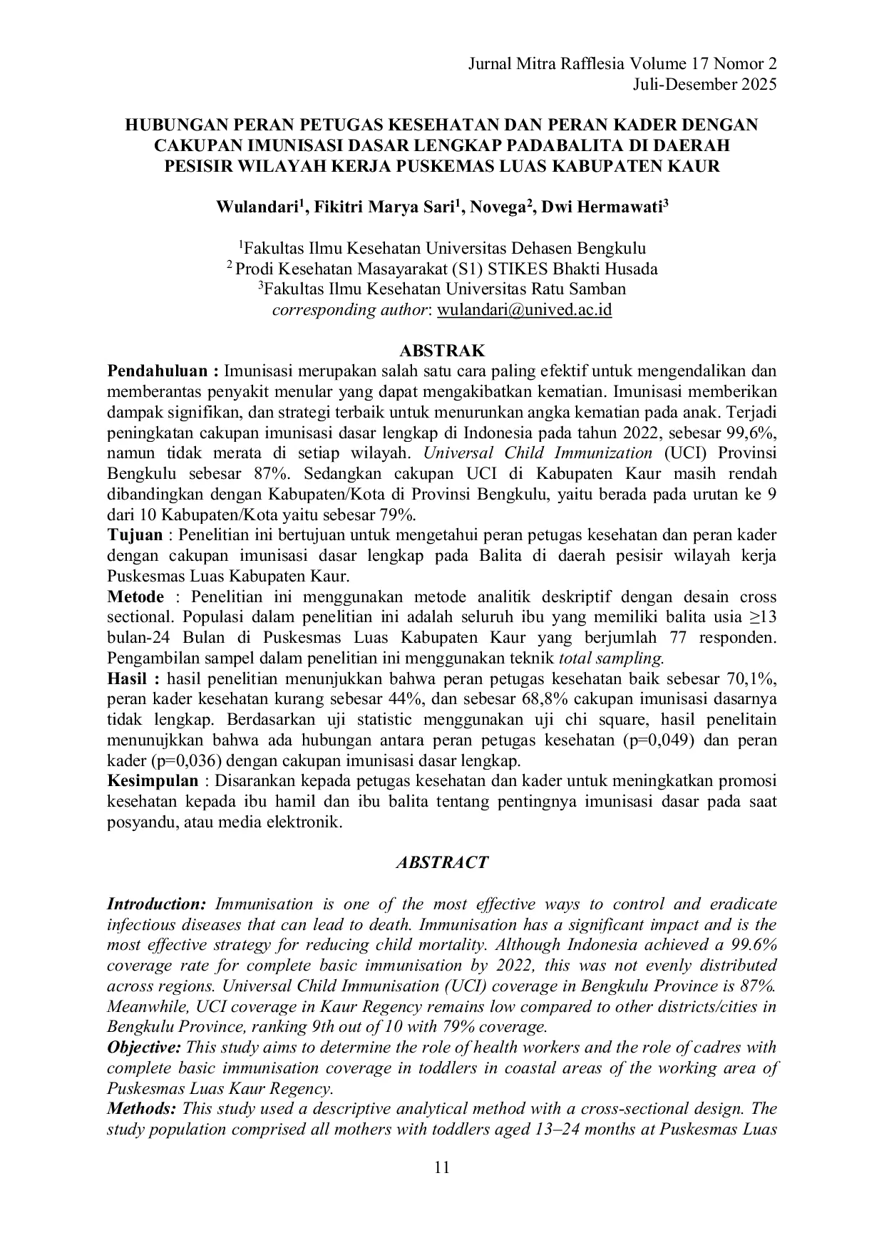 JURIS Hubungan Peran Petugas Kesehatan Dan Peran Kader Dengan Cakupan Imunisasi Dasar Lengkap Pada Balita Di Daerah Pesisir Wilayah Kerja Puskesmas Luas Kabupaten Kaur