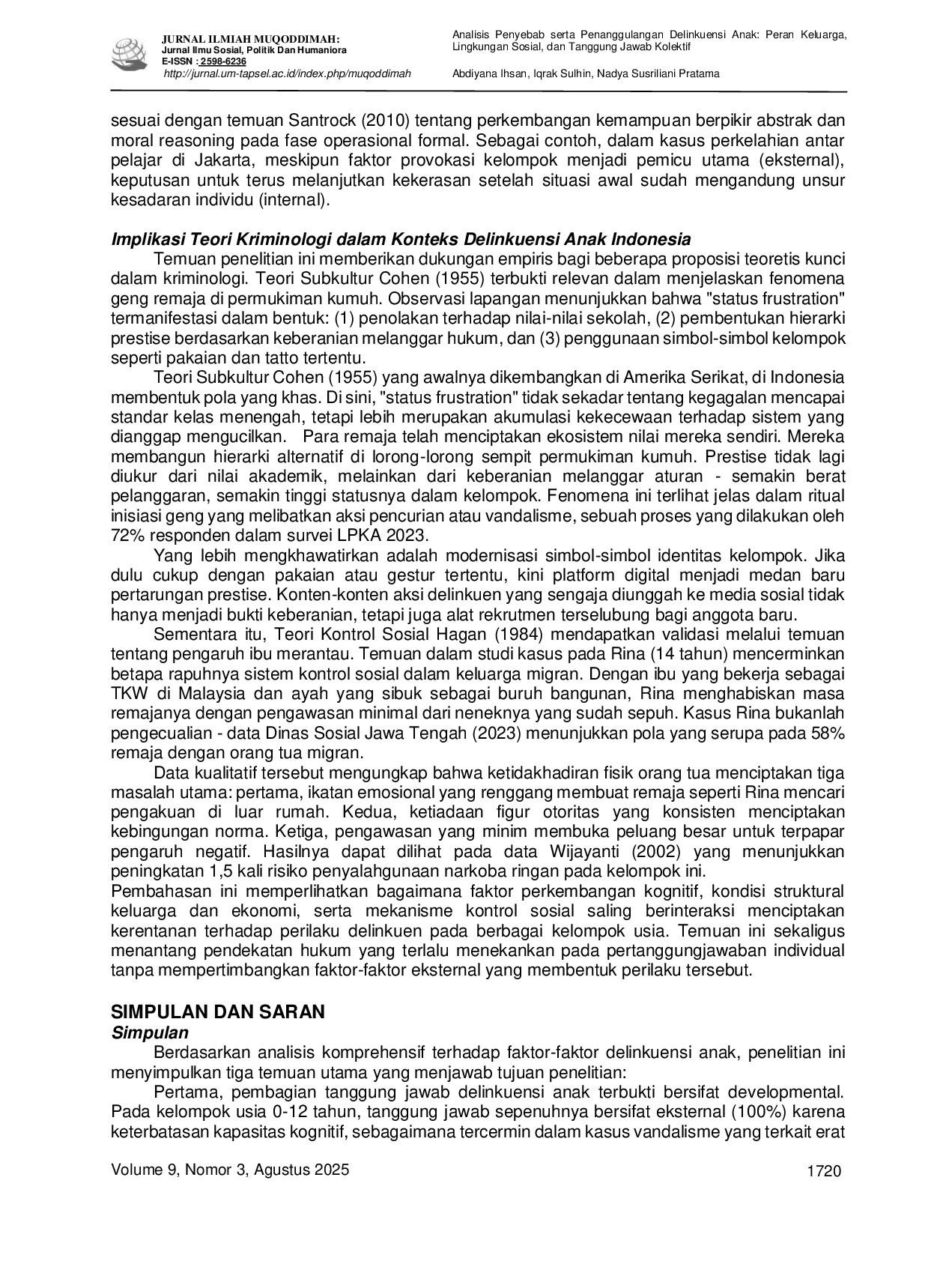 JURIS Analisis Penyebab serta Penanggulangan Delinkuensi Anak Peran Keluarga Lingkungan Sosial dan Tanggung Jawab Kolektif