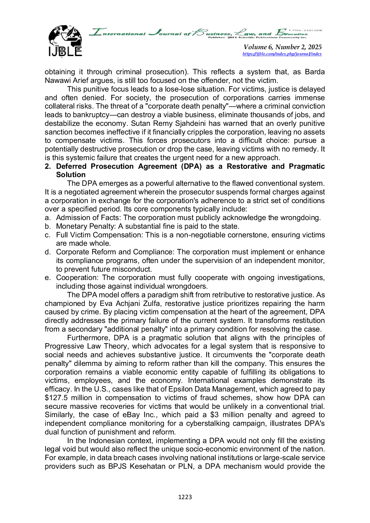 JURIS Reforming Criminal Procedure to Regulate Deferred Prosecution Agreements for Corporate Personal Data Breaches in Indonesia