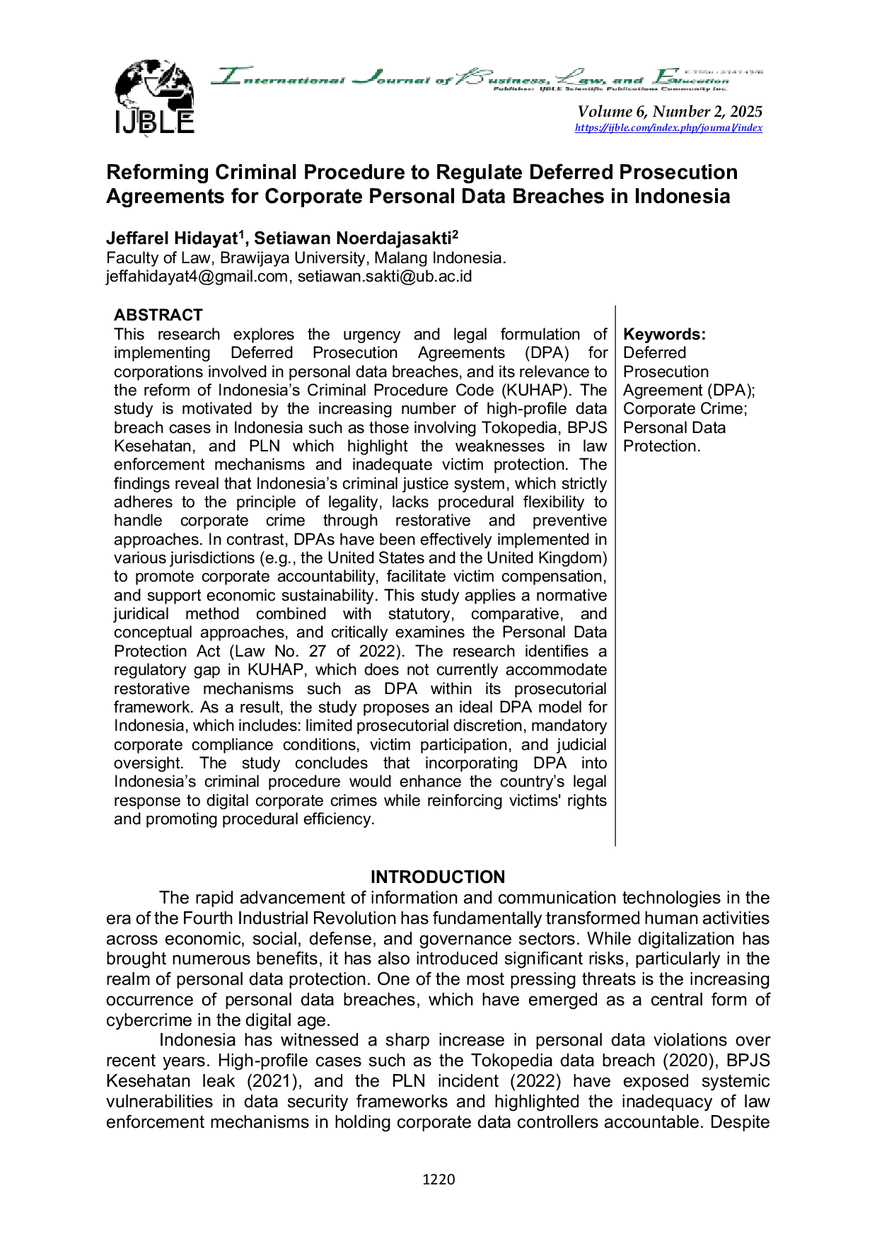 JURIS Reforming Criminal Procedure to Regulate Deferred Prosecution Agreements for Corporate Personal Data Breaches in Indonesia