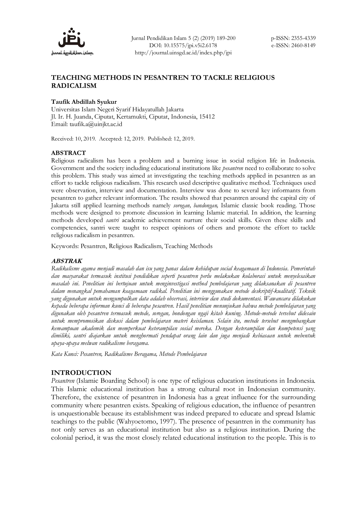 JURIS Teaching Methods in Pesantren to Tackle Religious Radicalism