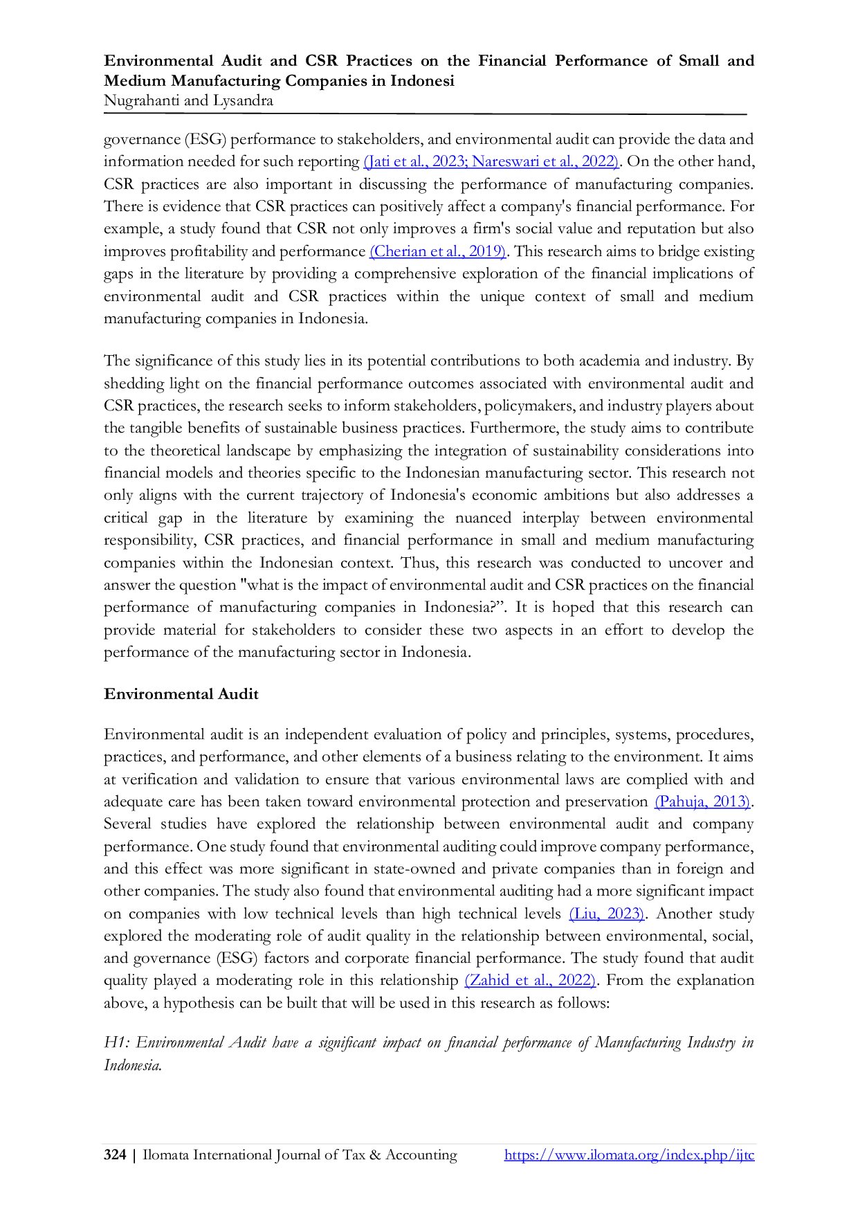 JURIS Environmental Audit and CSR Practices on the Financial Performance of Small and Medium Manufacturing Companies in Indonesia
