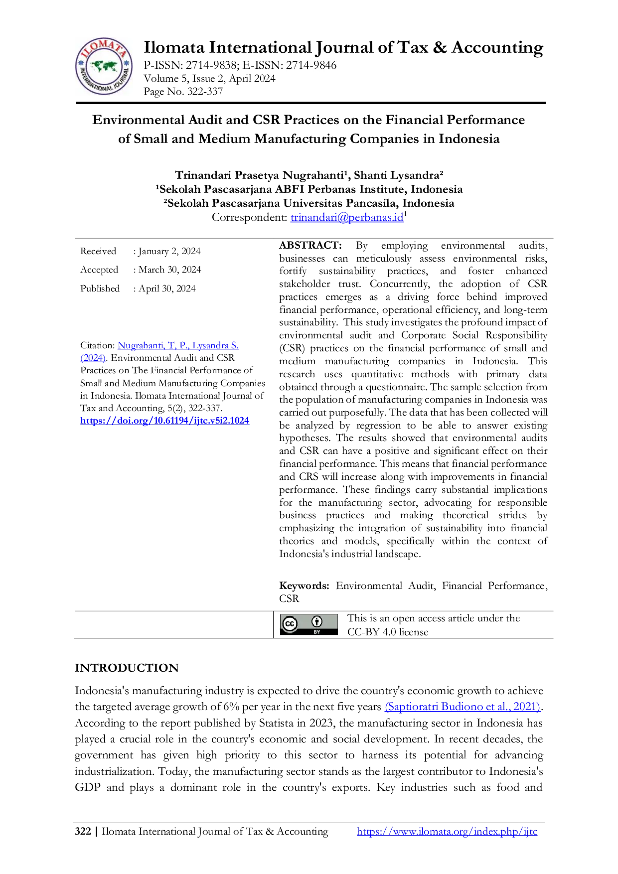 JURIS Environmental Audit and CSR Practices on the Financial Performance of Small and Medium Manufacturing Companies in Indonesia