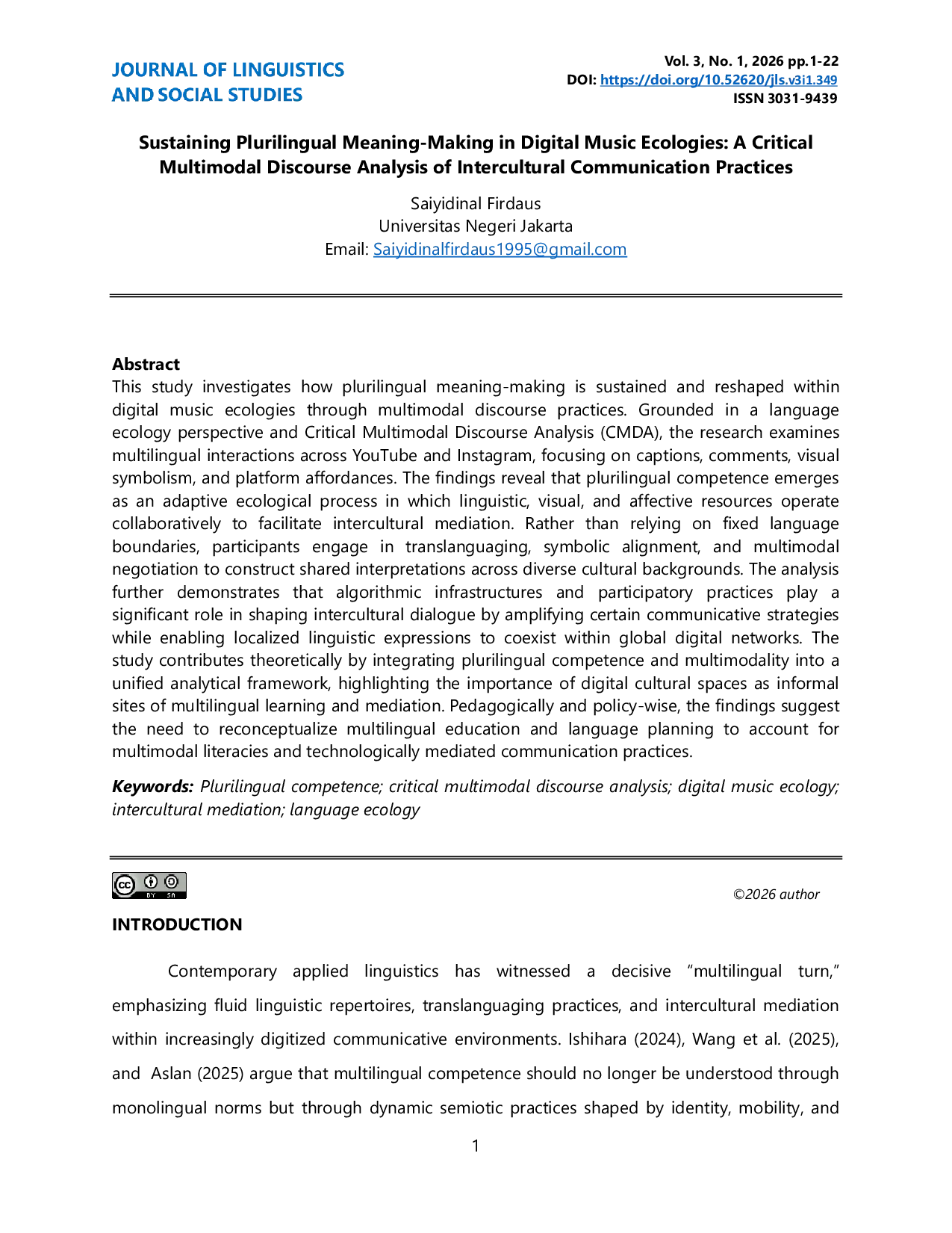 JURIS Sustaining Plurilingual Meaning Making in Digital Music Ecologies A Critical Multimodal Discourse Analysis of Intercultural Communication Practices