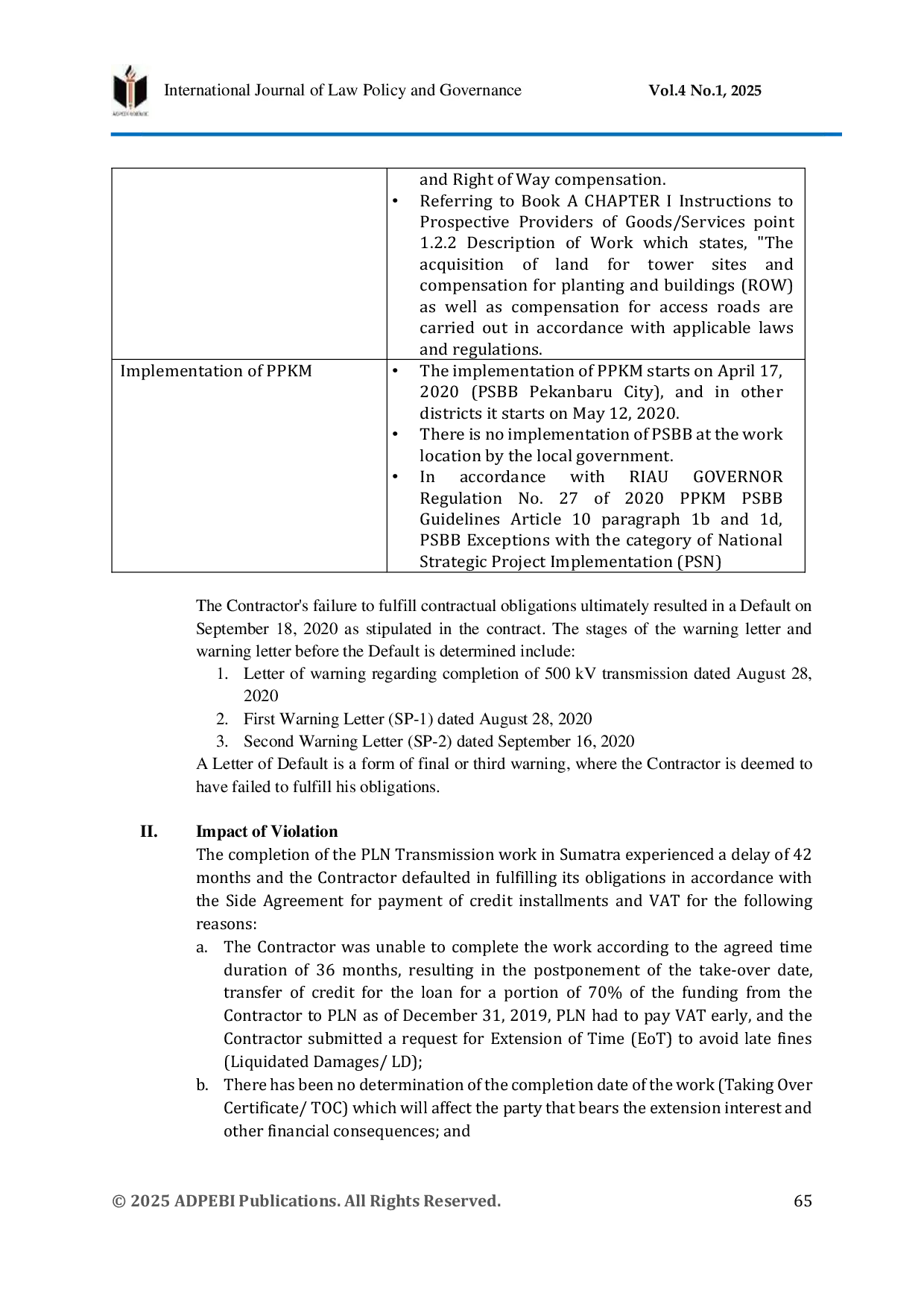 JURIS Legal Aspects of Extension of Time in PLN Transmission Construction Project in Central Sumatra