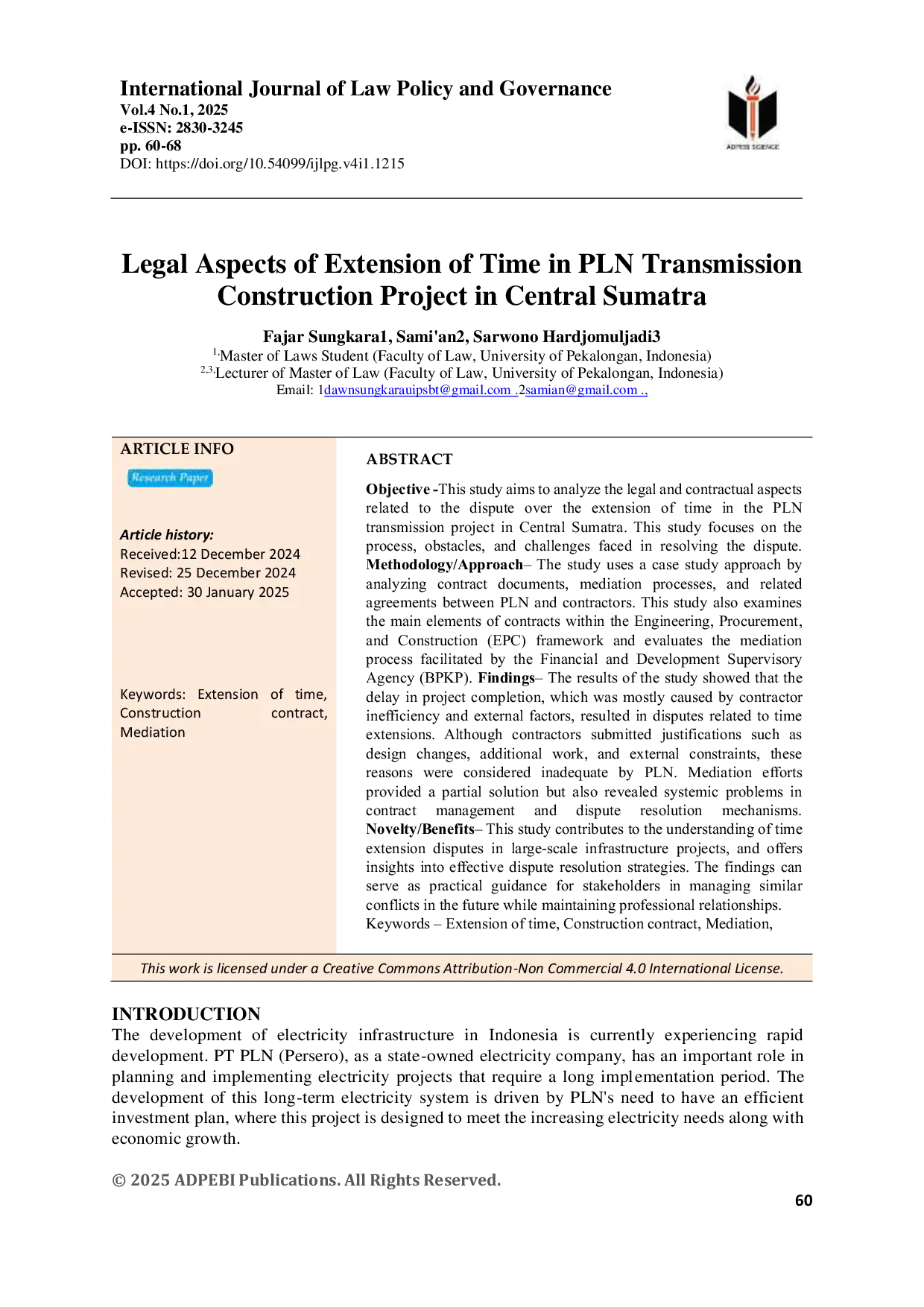 JURIS Legal Aspects of Extension of Time in PLN Transmission Construction Project in Central Sumatra