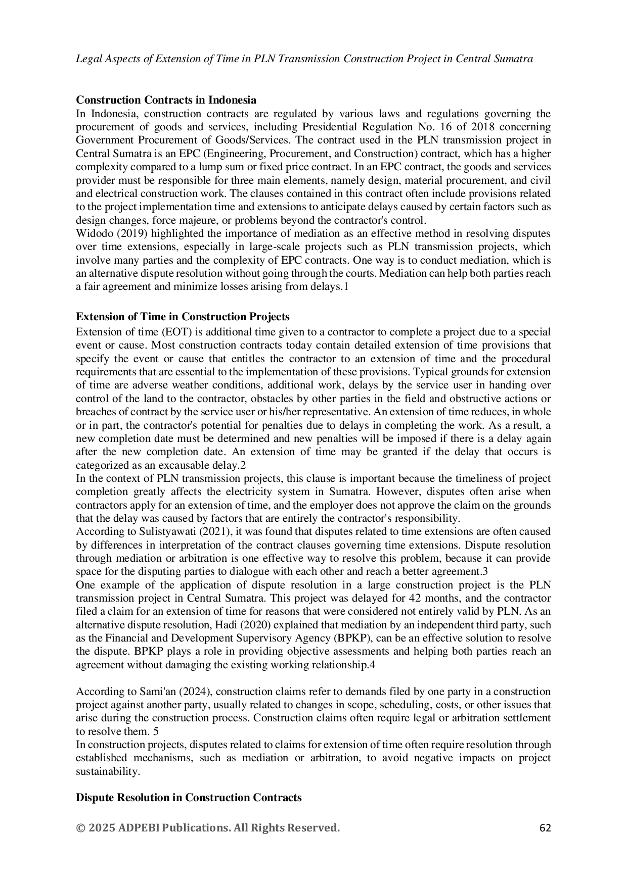 JURIS Legal Aspects of Extension of Time in PLN Transmission Construction Project in Central Sumatra