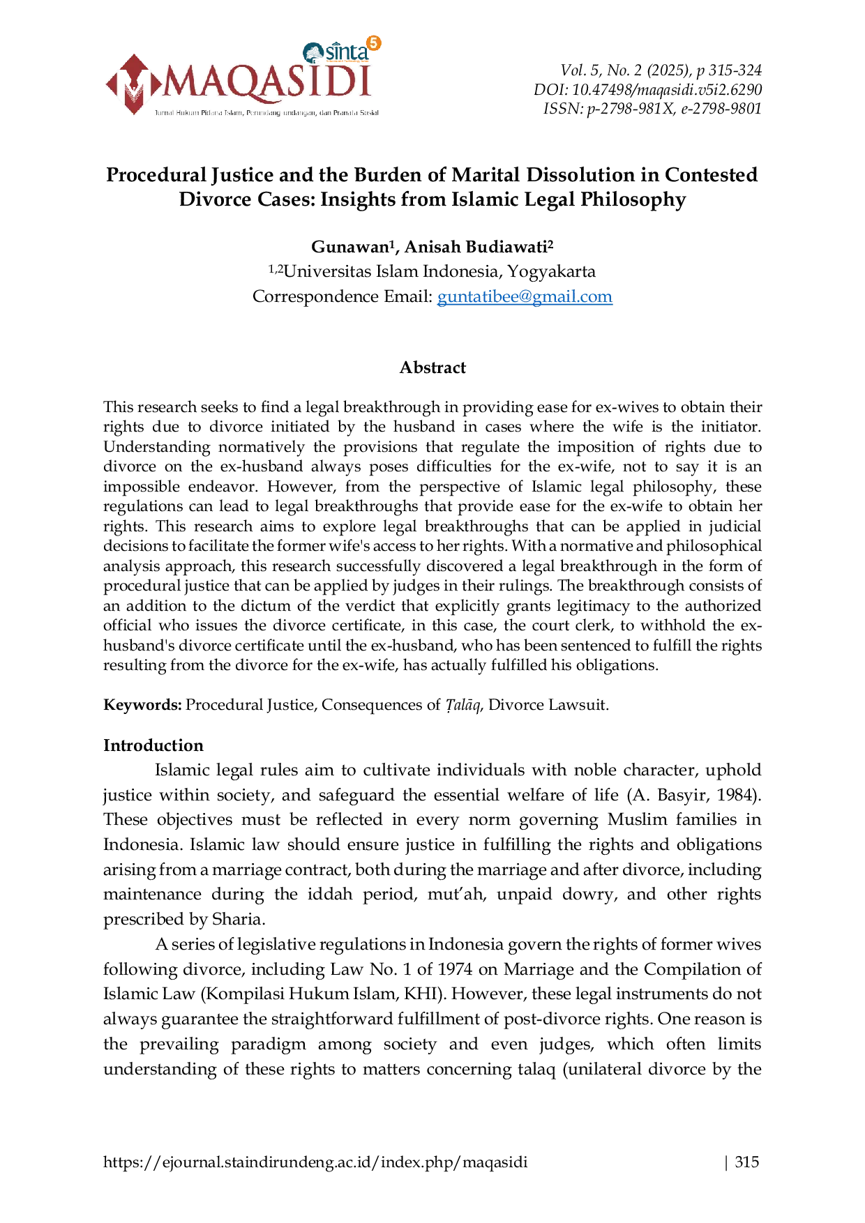 JURIS Procedural Justice and the Burden of Marital Dissolution in Contested Divorce Cases Insights from Islamic Legal Philosophy