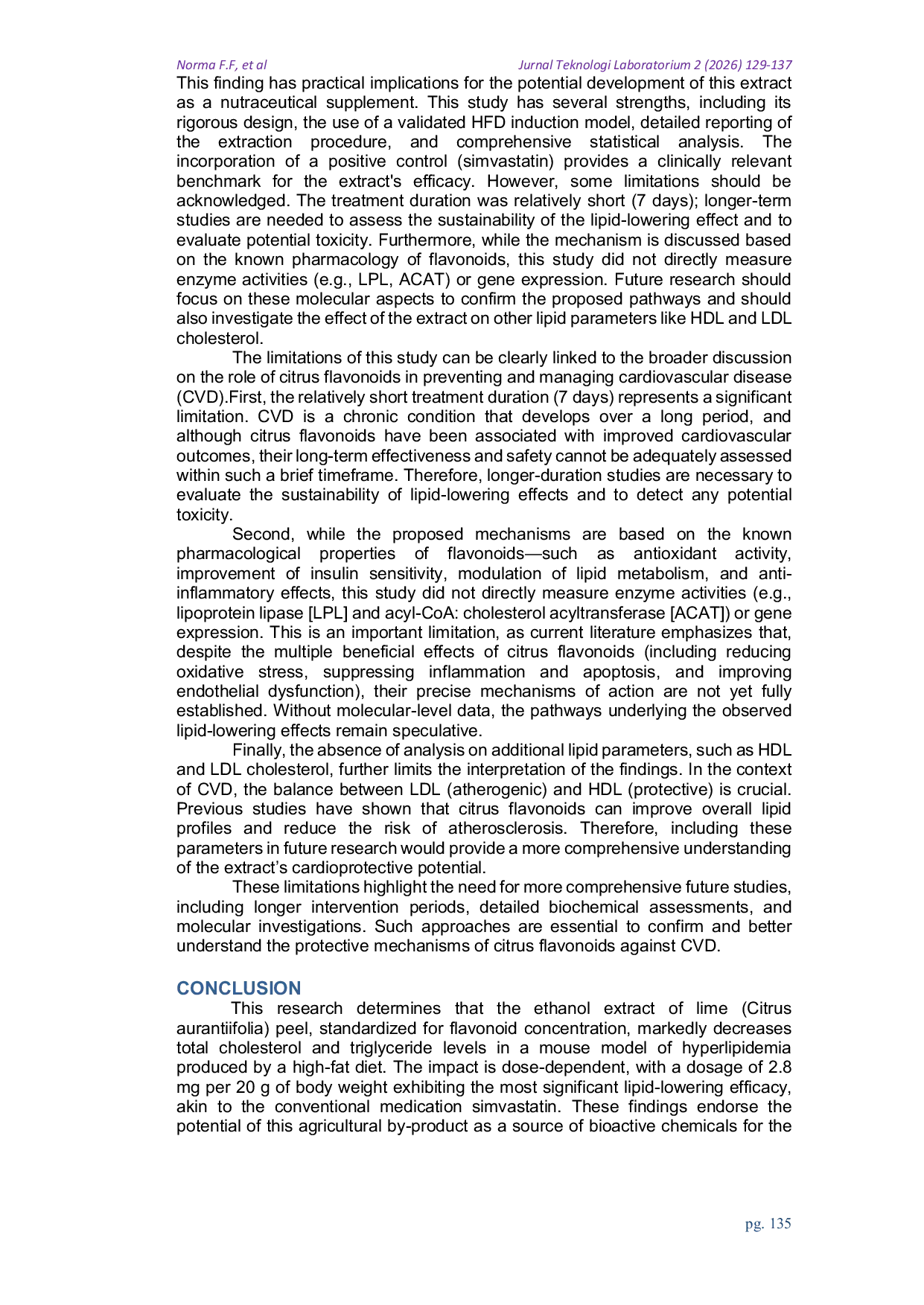 JURIS Administration of extract ethanol of Lime peel Citrus aurantiifolia effective as anti hyperlipidaemia In vivo study