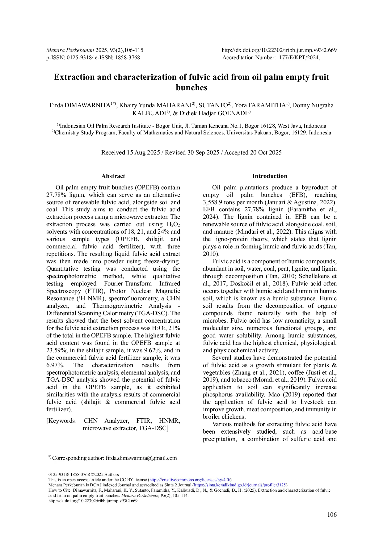 JURIS Ekstraksi dan Karakterisasi Asam Fulvat dari Tandan Kosong Buah Kelapa Sawit