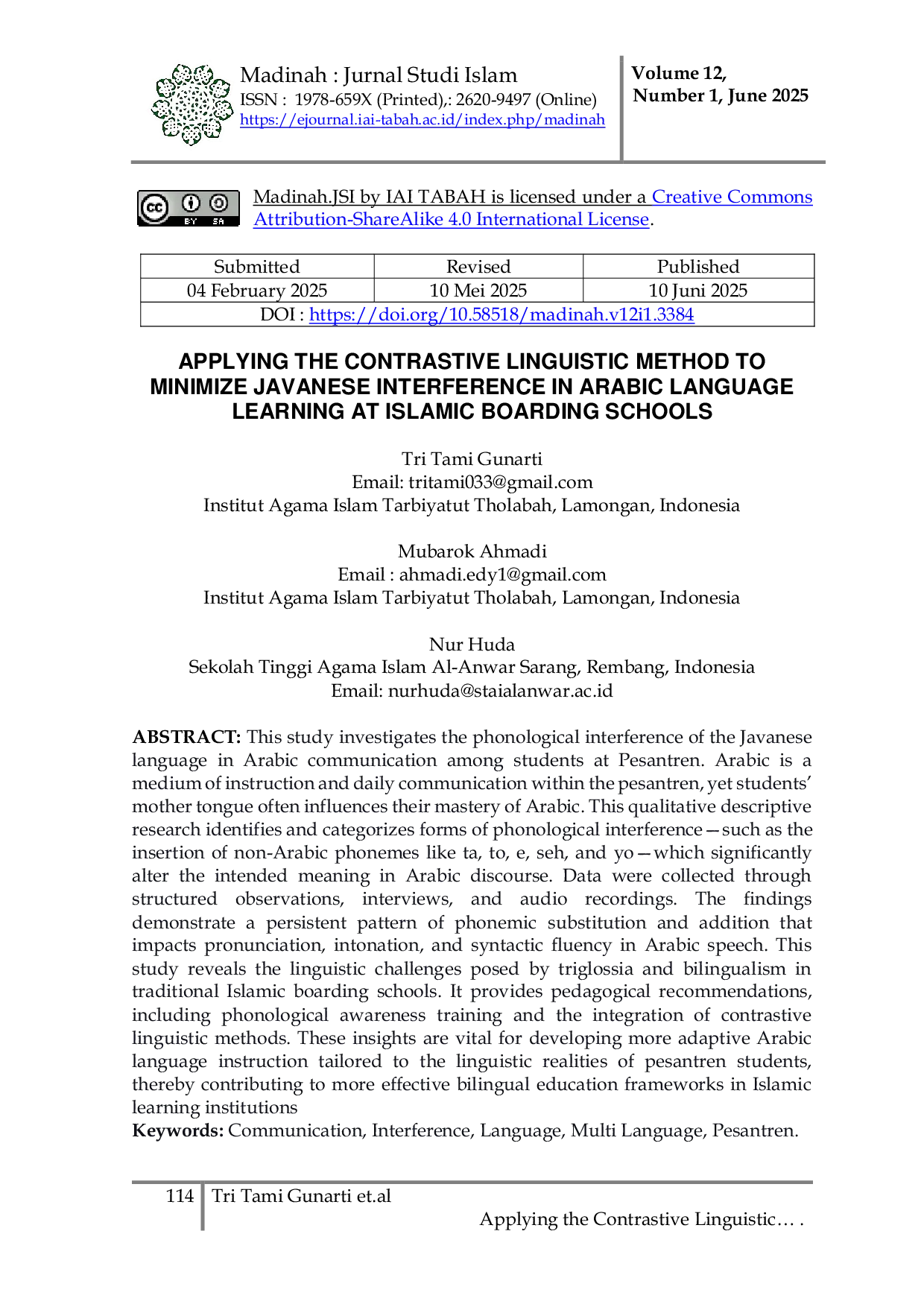 JURIS Applying the Contrastive Linguistic Method to Minimize Javanese Interference in Arabic Language Learning at Islamic Boarding Schools