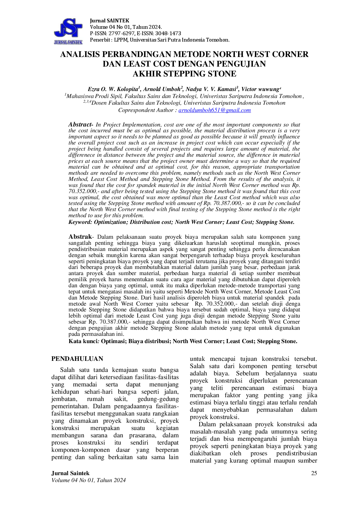 JURIS ANALISIS PERBANDINGAN METODE NORTH WEST CORNER DAN LEAST COST DENGAN PENGUJIAN AKHIR STEPPING STONE