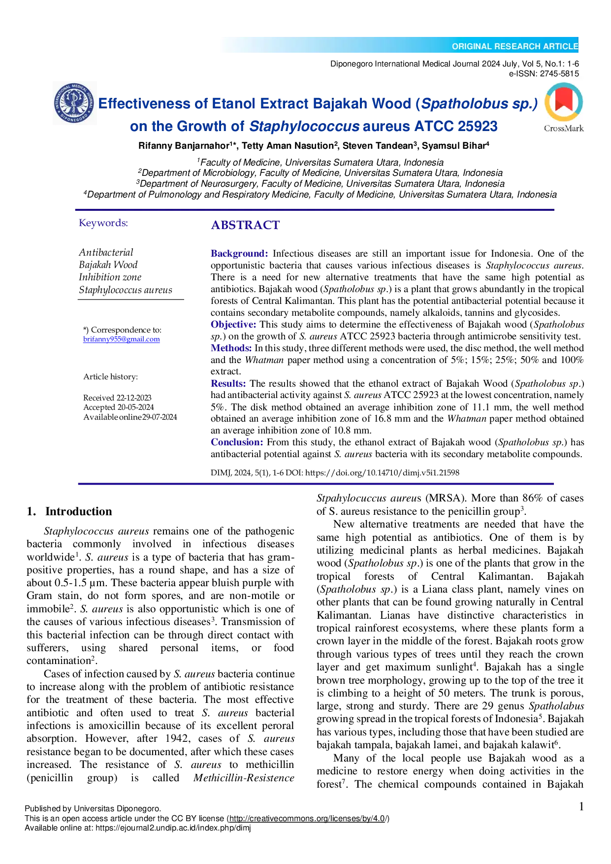 JURIS Effectiveness Of Etanol Extract Bajakah Wood Spatholobus Sp On The Growth Of Staphylococcus Aureus Atcc 25923
