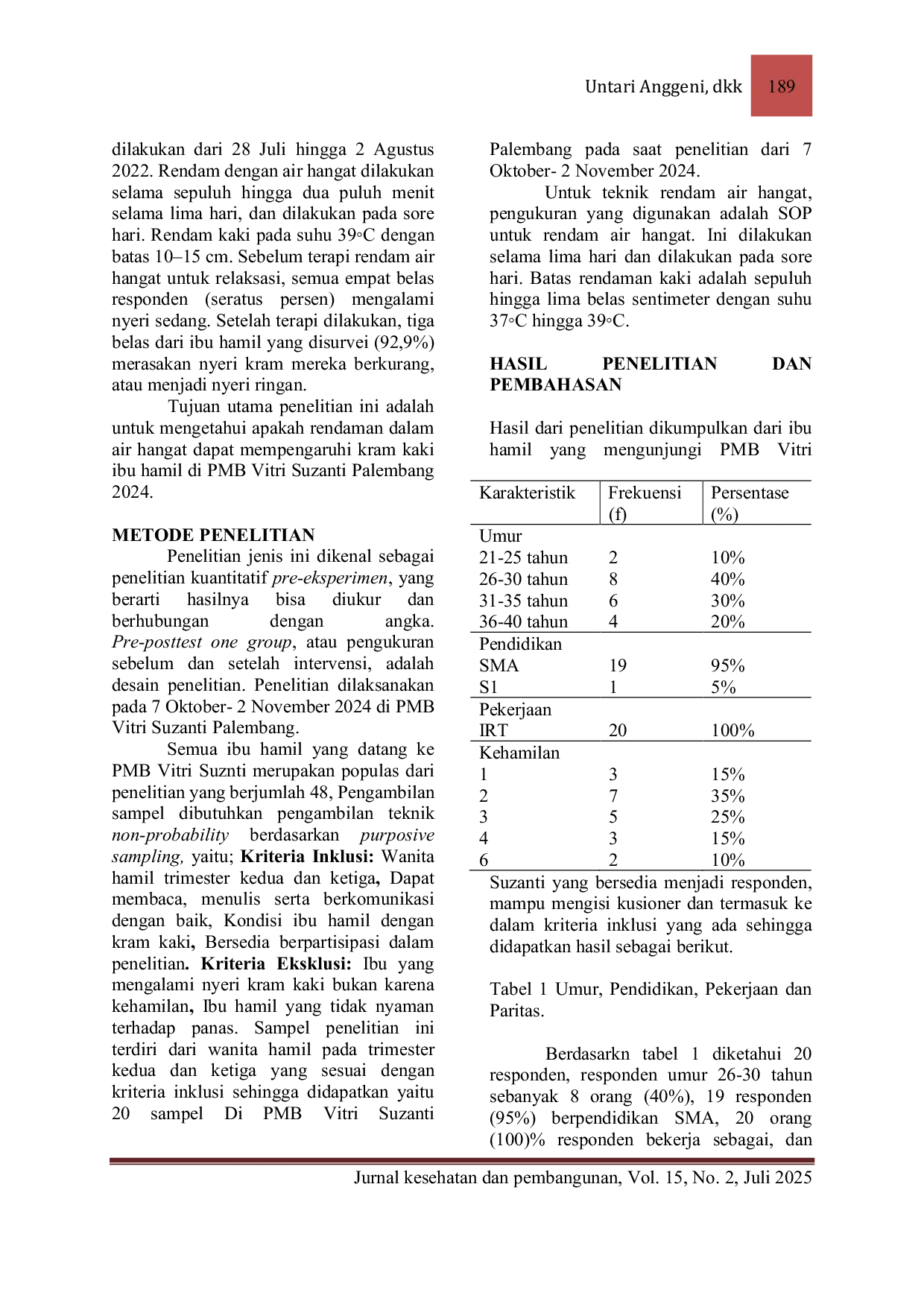 JURIS Pengaruh Rendam Air Hangat Terhadap Kram Kaki Ibu Hamil Di Pmb Vitri Suzanti Palembang