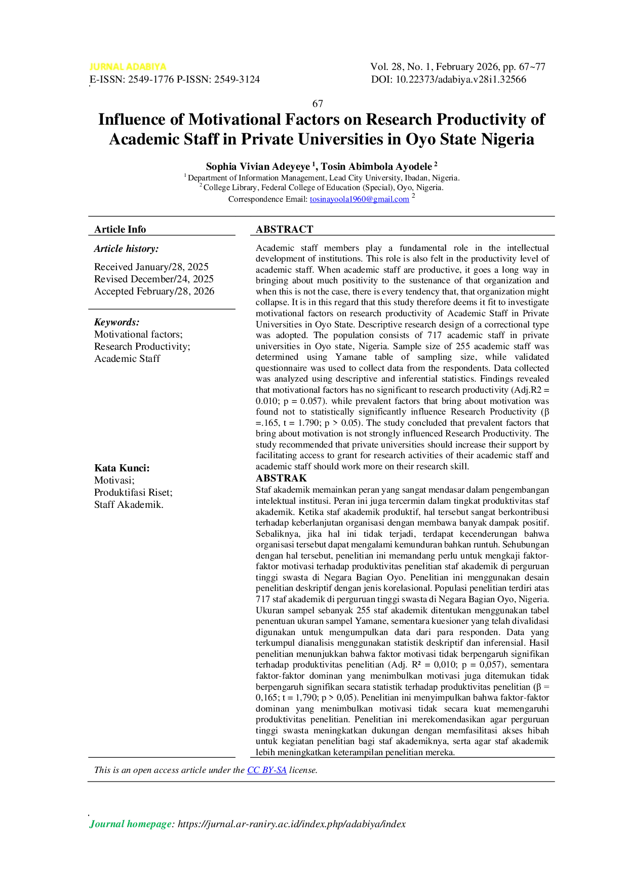 JURIS Influence of Motivational Factors on Research Productivity of Academic Staff in Private Universities in Oyo State Nigeria