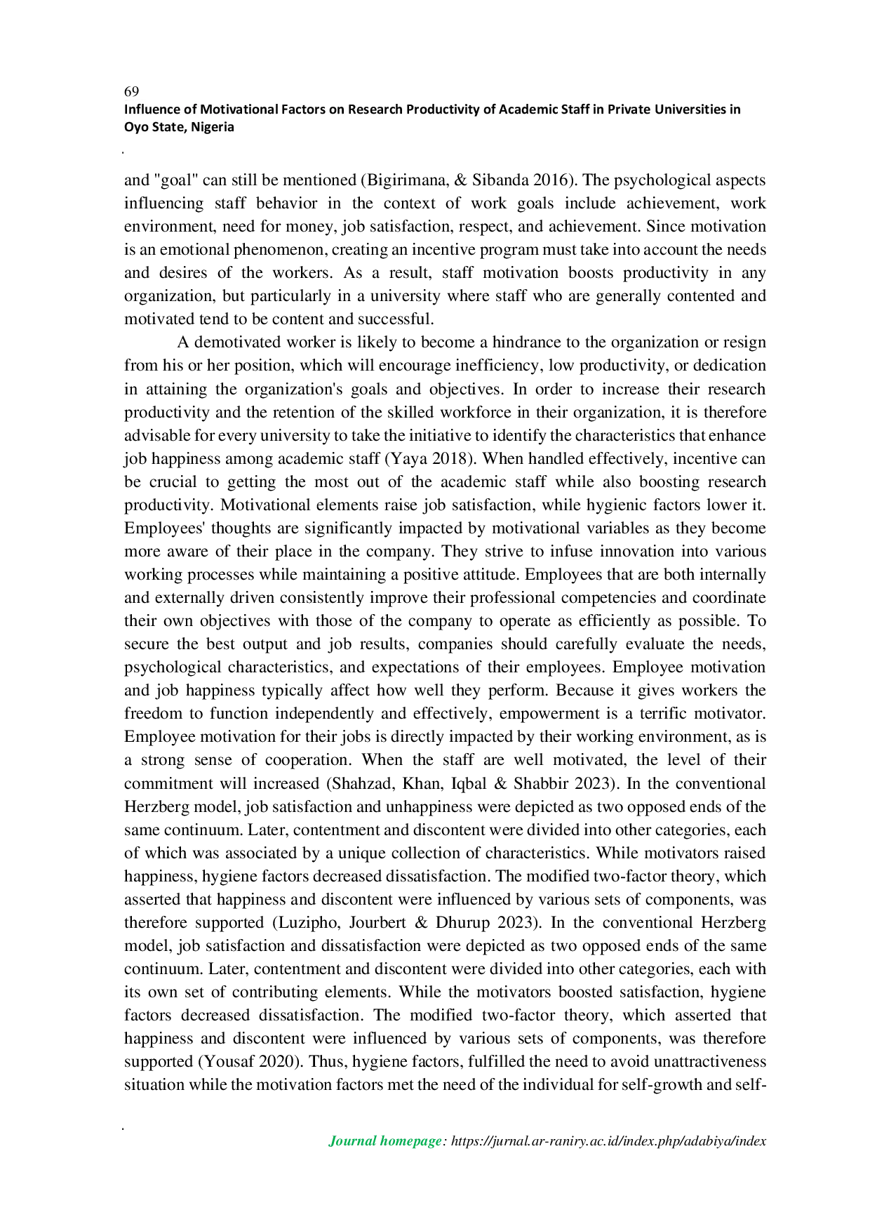 JURIS Influence of Motivational Factors on Research Productivity of Academic Staff in Private Universities in Oyo State Nigeria