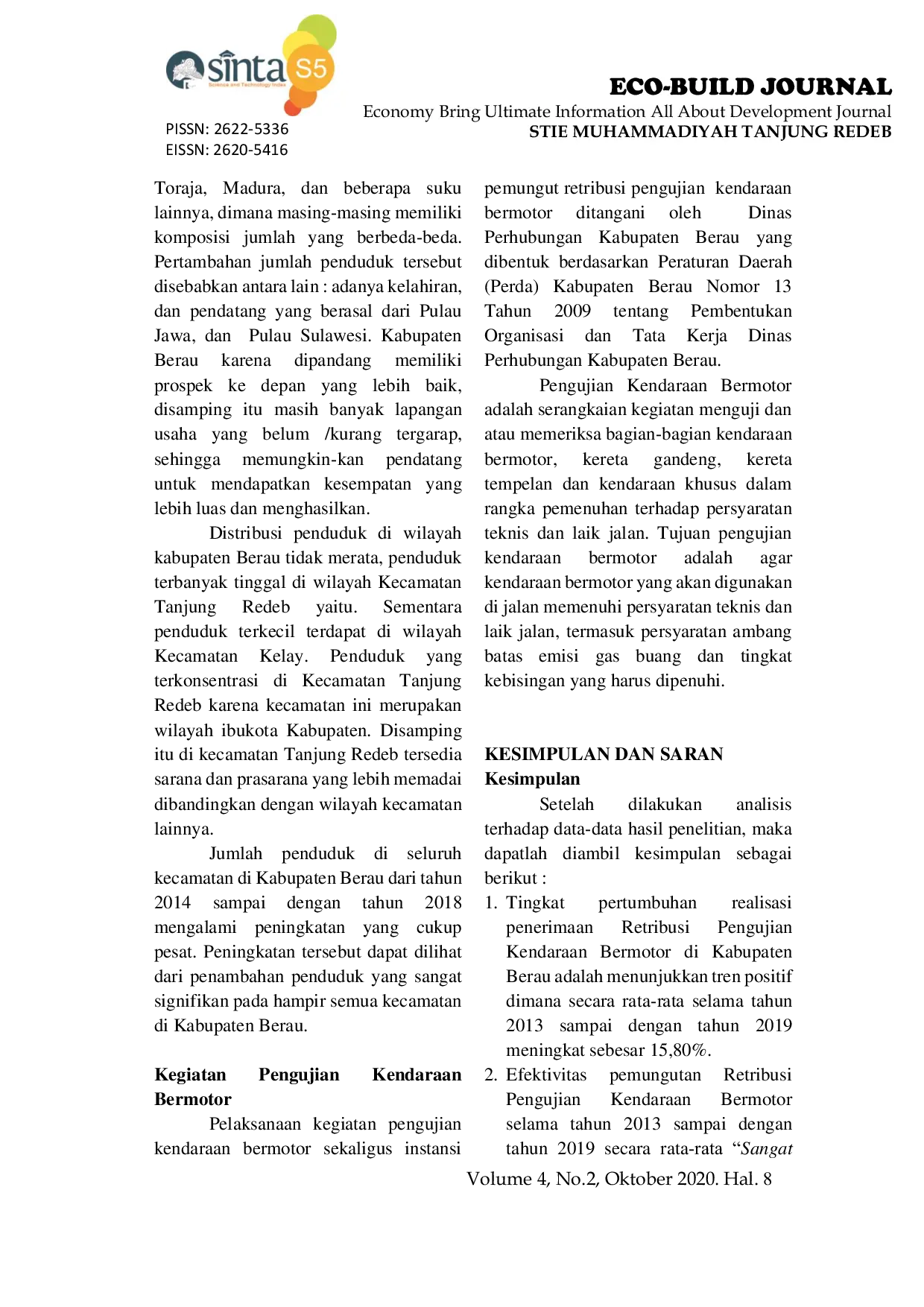 JURIS Analisis Pertumbuhan Dan Efektivitas Pemungutan Retribusi Pengujian Kendaraan Bermotor Di Kabupaten Berau