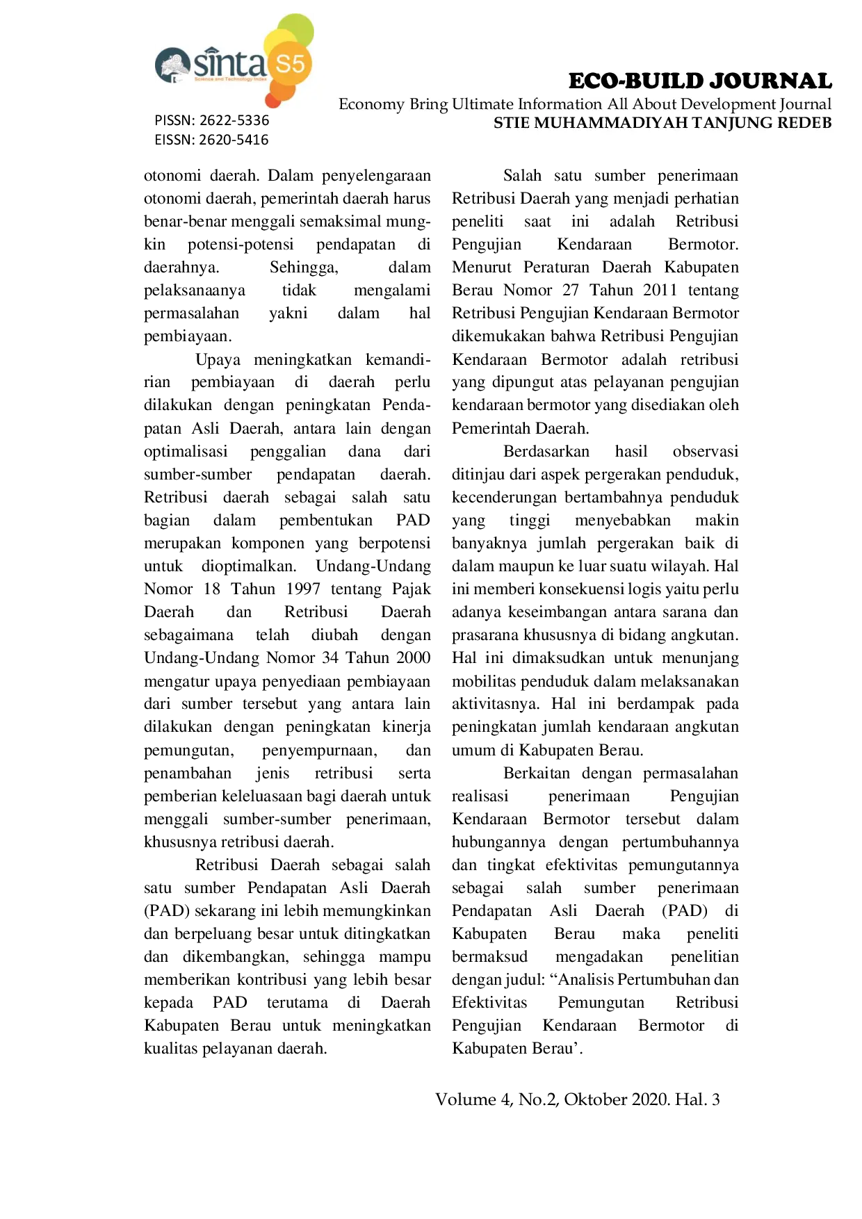 JURIS Analisis Pertumbuhan Dan Efektivitas Pemungutan Retribusi Pengujian Kendaraan Bermotor Di Kabupaten Berau