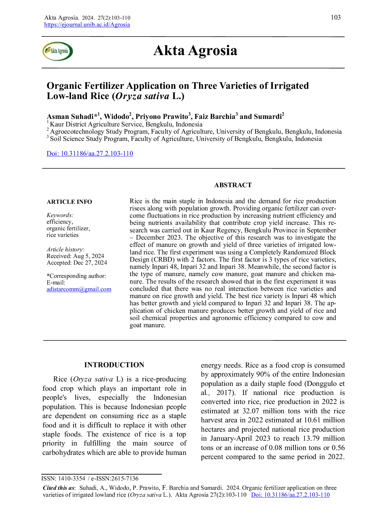 JURIS Organic Fertilizer Application on Three Varieties of Irrigated Low land Rice Oryza sativa L