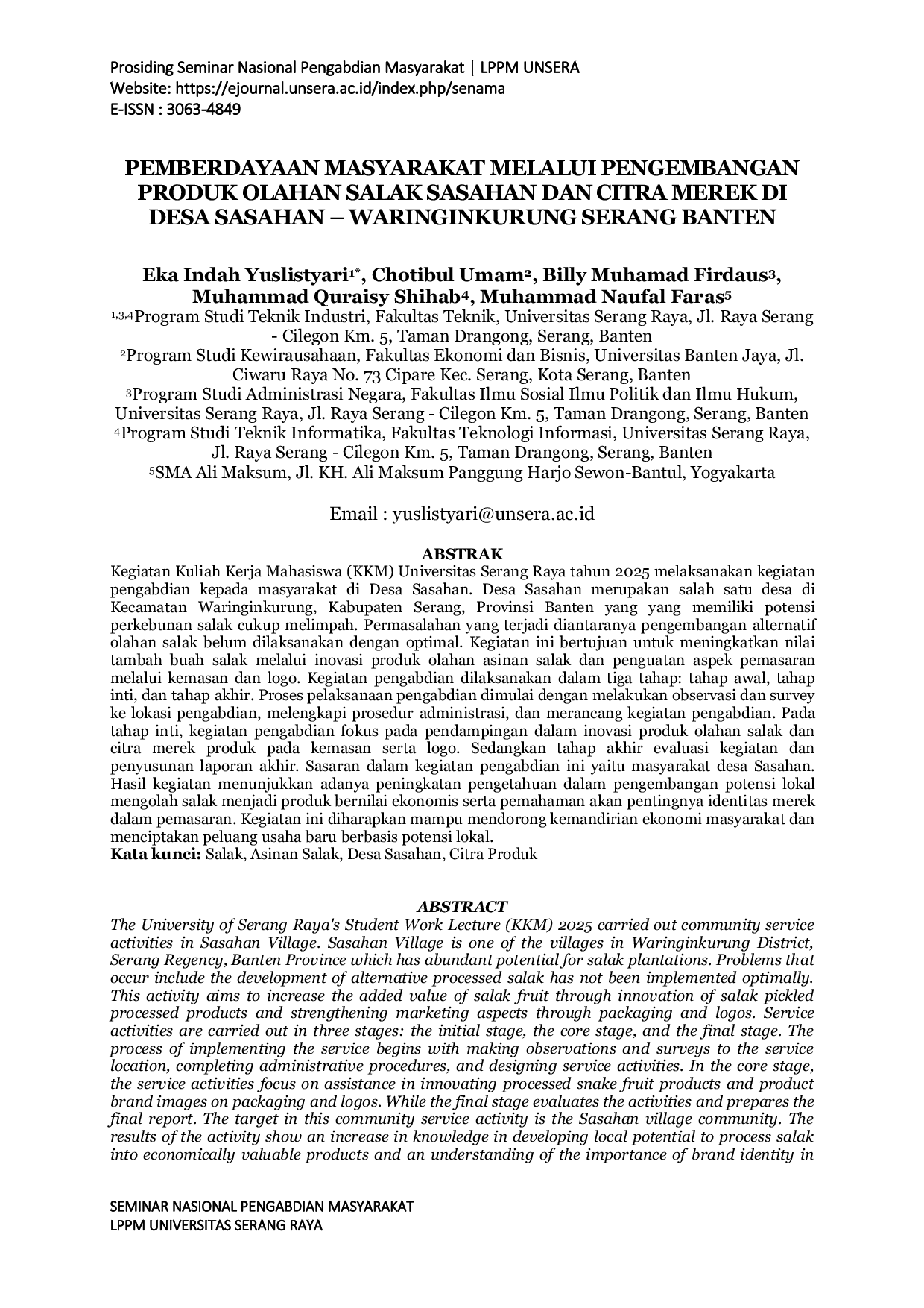 JURIS Pemberdayaan Masyarakat Melalui Pengembangan Produk Olahan Salak Sasahan dan Citra Merek di Desa Sasahan Waringinkurung Serang Banten