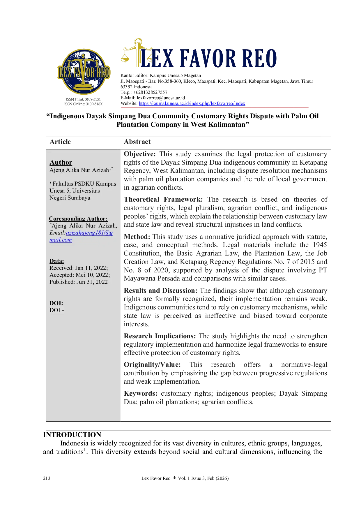 JURIS Indigenous Dayak Simpang Dua Community Customary Rights Dispute with Palm Oil Plantation Company in West Kalimantan