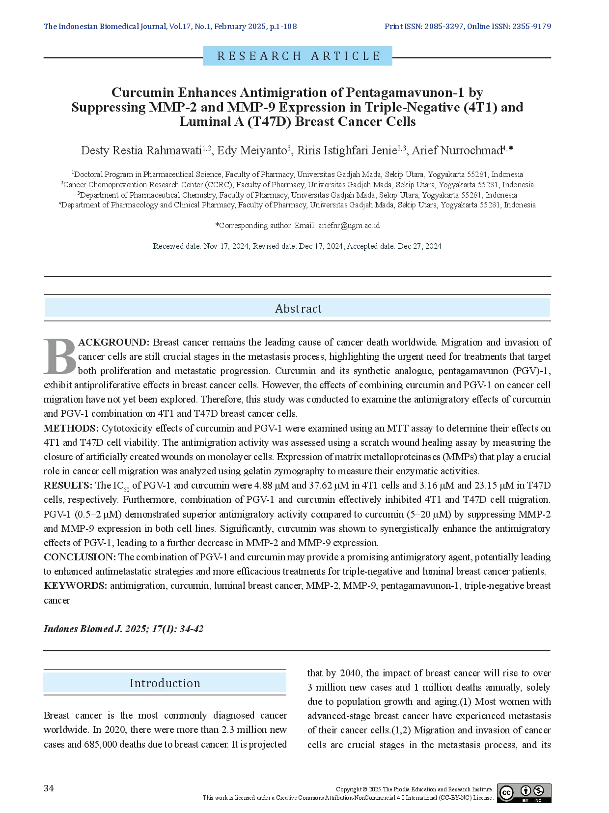 juris Curcumin Enhances Antimigration of Pentagamavunon 1 by Suppressing MMP 2 and MMP 9 Expression in Triple Negative 4T1 and Luminal A T47D Breast Cancer Cells
