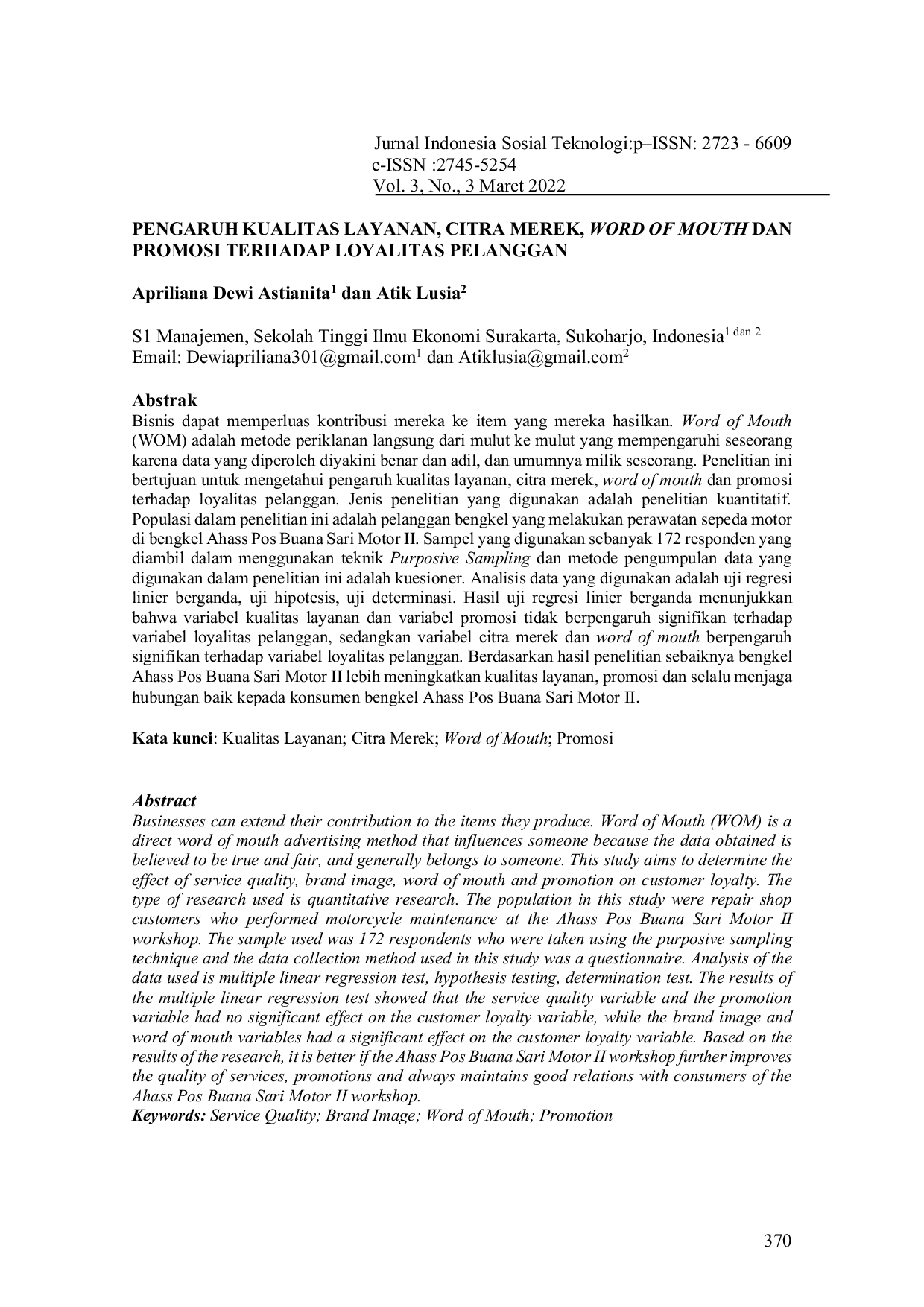 JURIS Pengaruh Kualitas Layanan Citra Merek Word of Mouth dan Promosi Terhadap Loyalitas Pelanggan