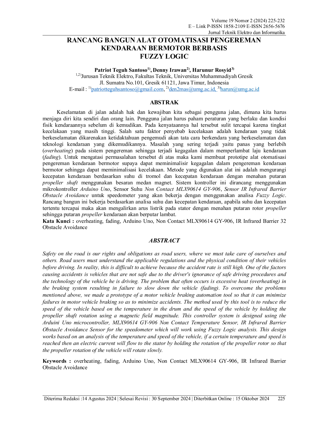JURIS Rancang Bangun Alat Otomatisasi Pengereman Kendaraan Bermotor Berbasis Fuzzy Logic