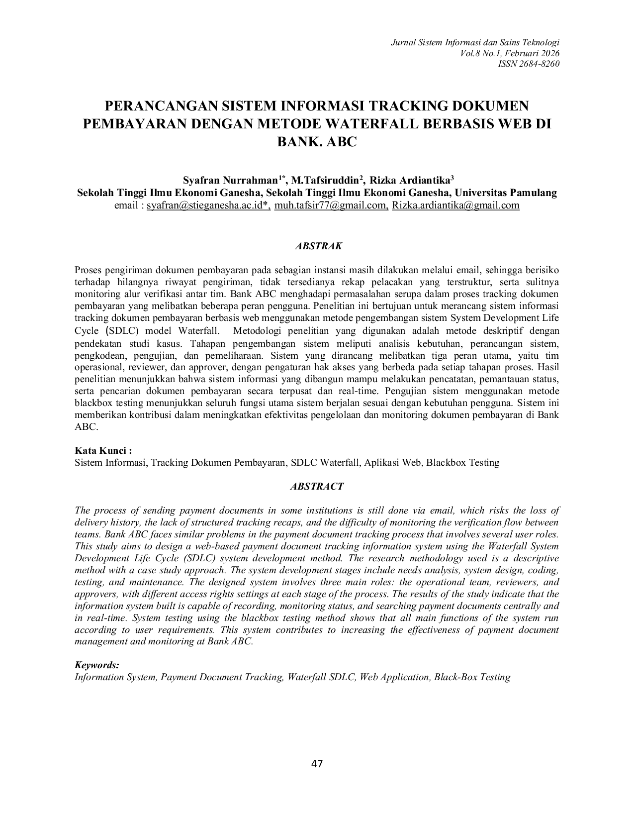 JURIS Perancangan Sistem Informasi Tracking Dokumen Pembayaran Dengan Metode Waterfall Berbasis Web Di Bank Abc
