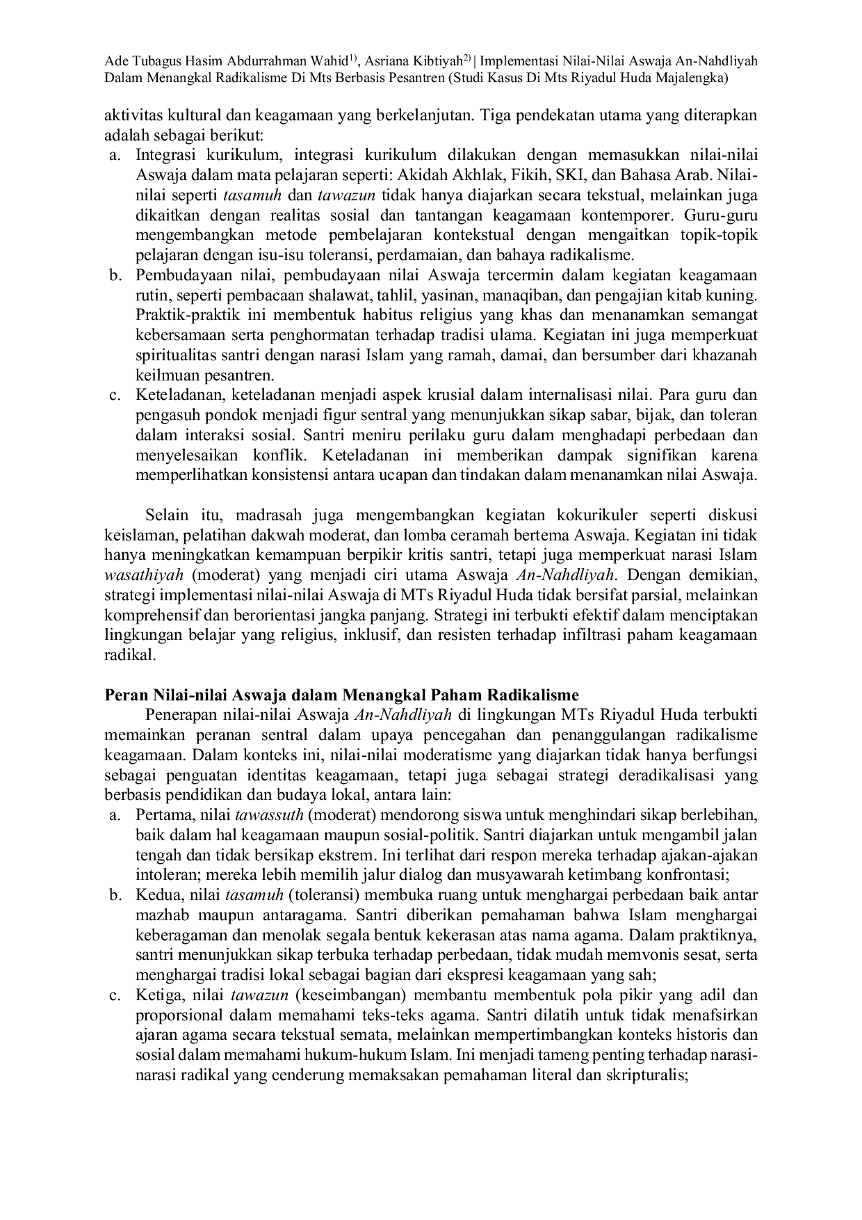 JURIS Implementasi Nilai Nilai Aswaja An Nahdliyah Dalam Menangkal Radikalisme Di Mts Berbasis Pesantren Studi Kasus Di Mts Riyadul Huda Majalengka