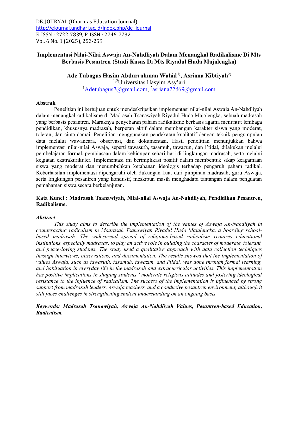 JURIS Implementasi Nilai Nilai Aswaja An Nahdliyah Dalam Menangkal Radikalisme Di Mts Berbasis Pesantren Studi Kasus Di Mts Riyadul Huda Majalengka