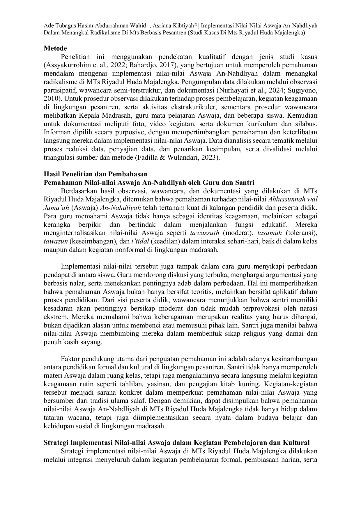 JURIS Implementasi Nilai Nilai Aswaja An Nahdliyah Dalam Menangkal Radikalisme Di Mts Berbasis Pesantren Studi Kasus Di Mts Riyadul Huda Majalengka
