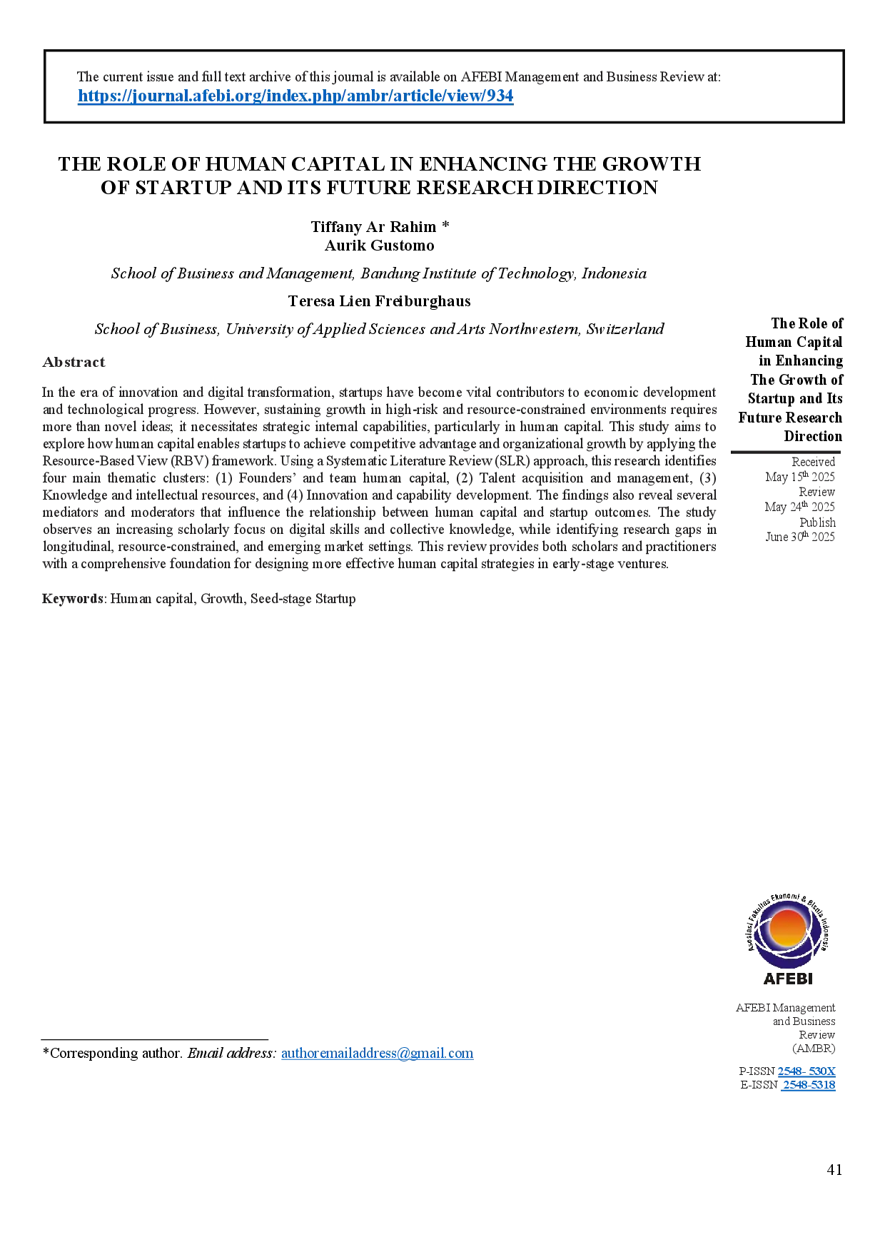 juris The Role of Human Capital in Enhancing The Growth of Startup and Its Future Research Direction