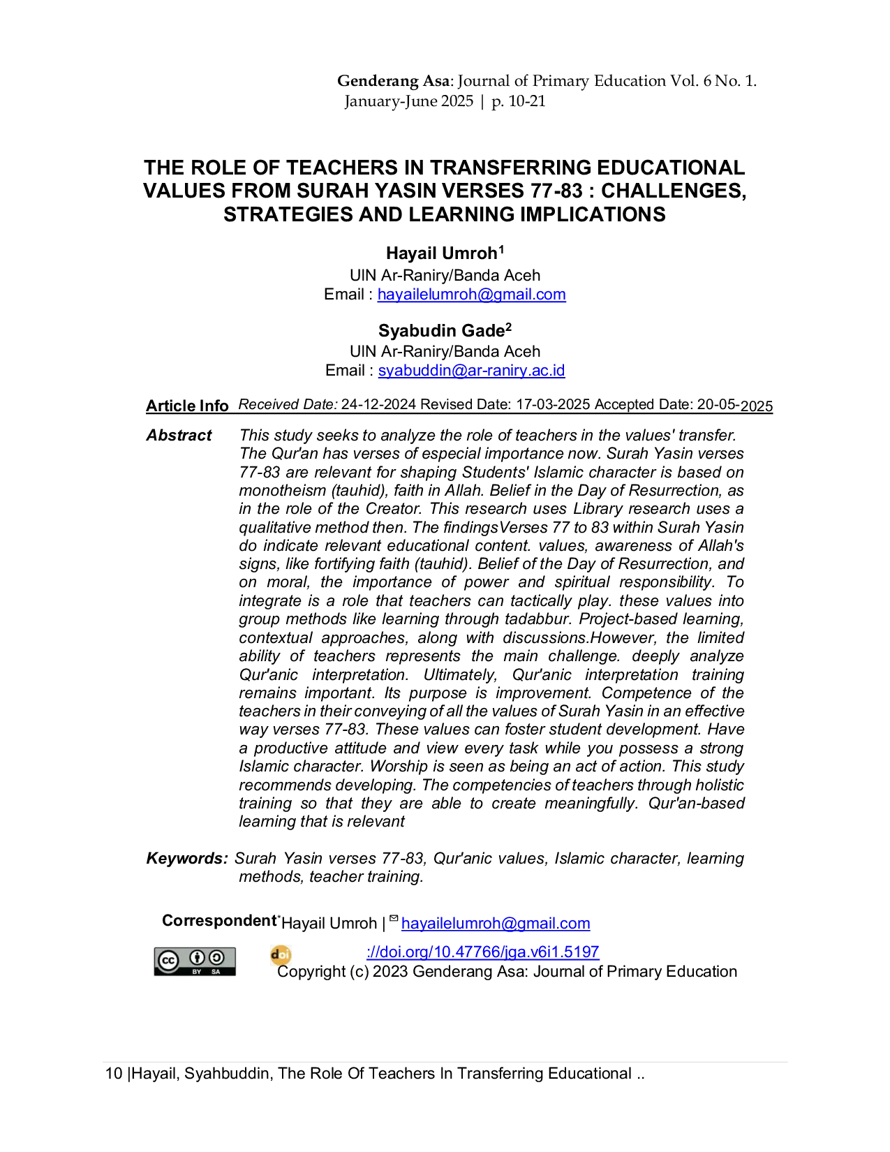 JURIS The Role of Teachers In Transferring Educational Values From Surah Yasin Verses 77 83 Challenges Strategies and Learning Implications