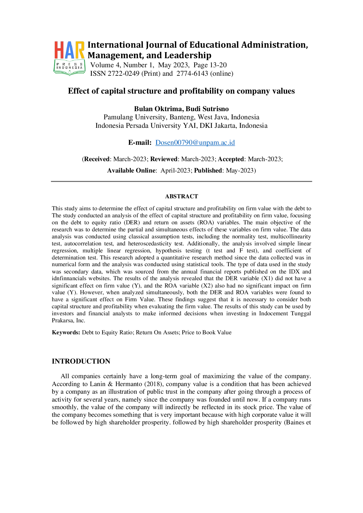 JURIS Effect of capital structure and profitability on company values