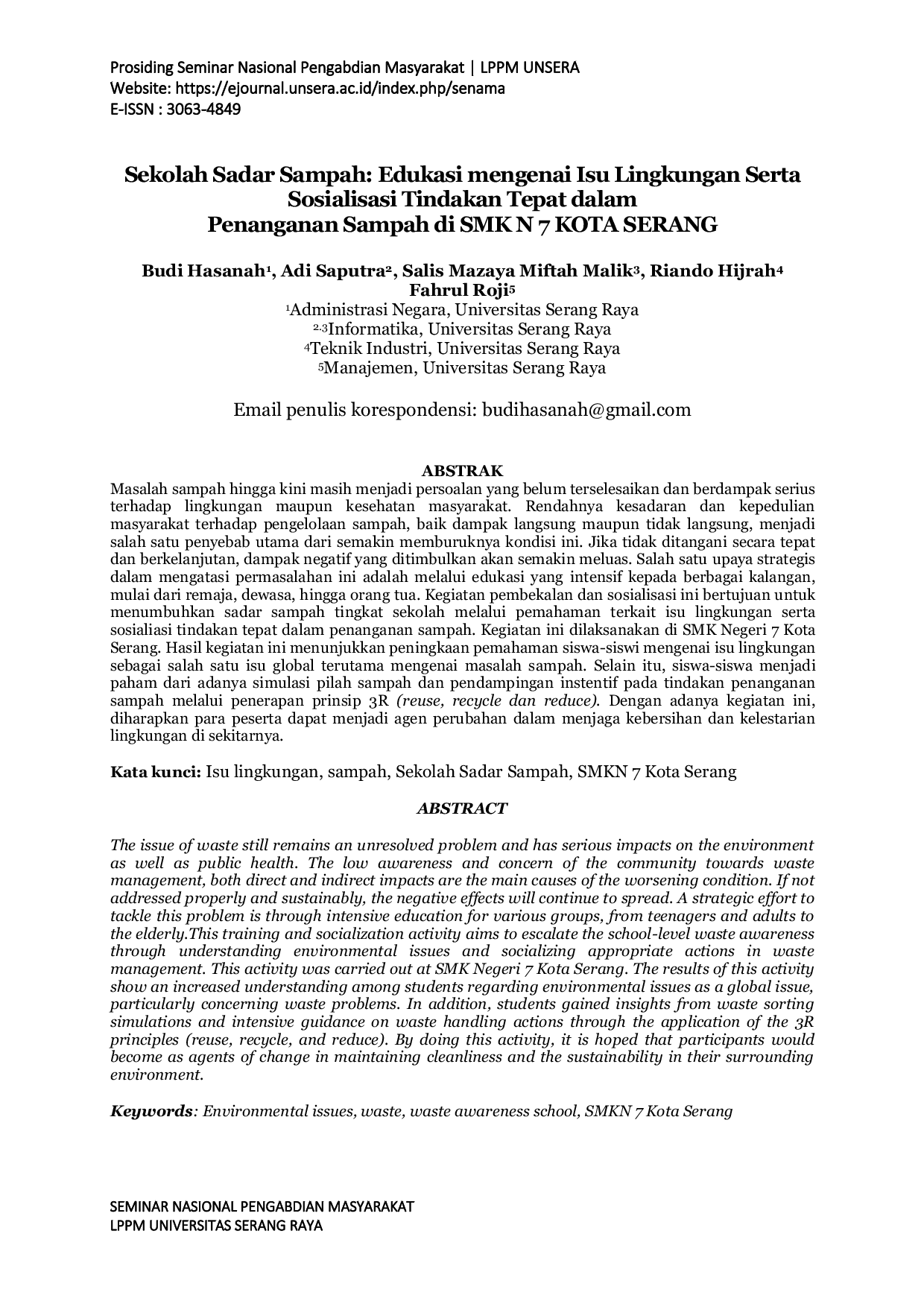 JURIS Sekolah Sadar Sampah Edukasi mengenai Isu Lingkungan Serta Sosialisasi Tindakan Tepat dalam Penanganan Sampah di SMK N 7 KOTA SERANG