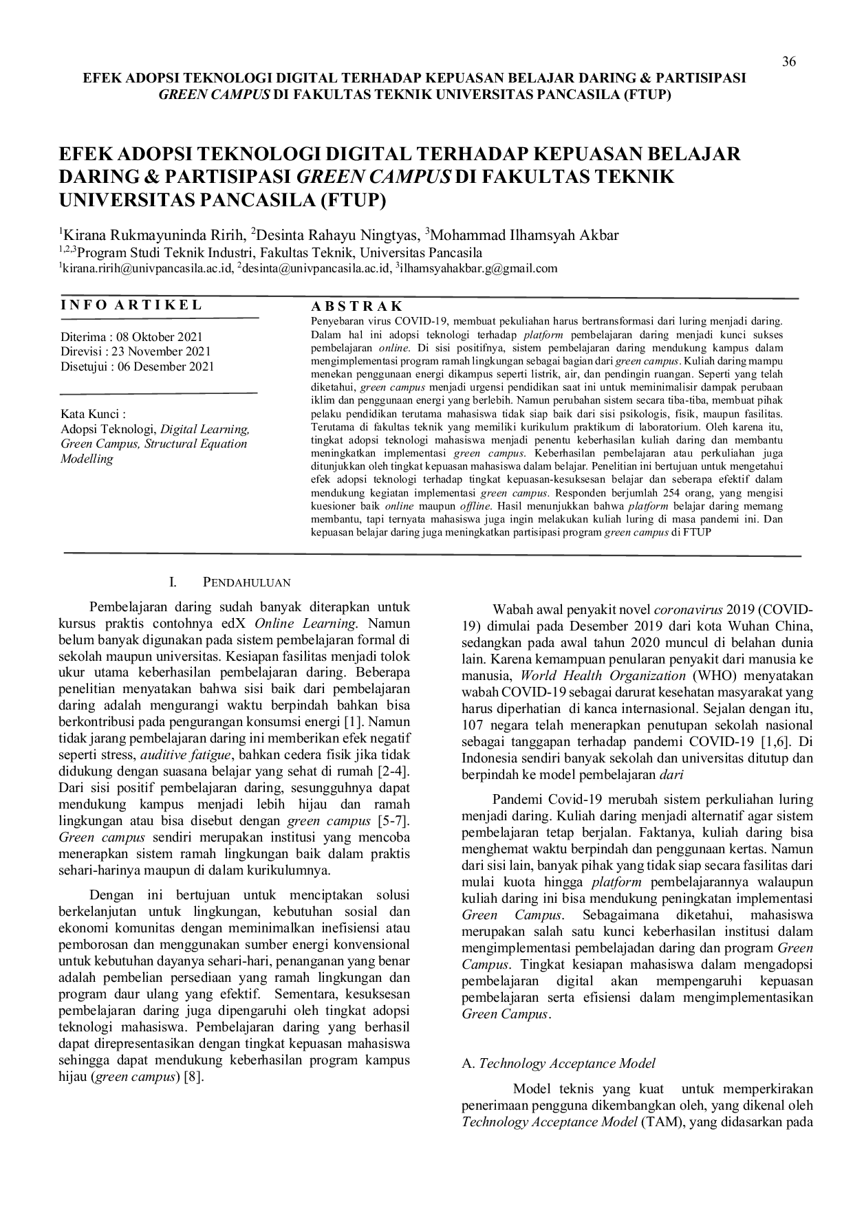 JURIS Efek Adopsi Teknologi Digital Terhadap Kepuasan Belajar Daring Partisipasi Green Campus Di Fakultas Teknik Universitas Pancasila Ftup